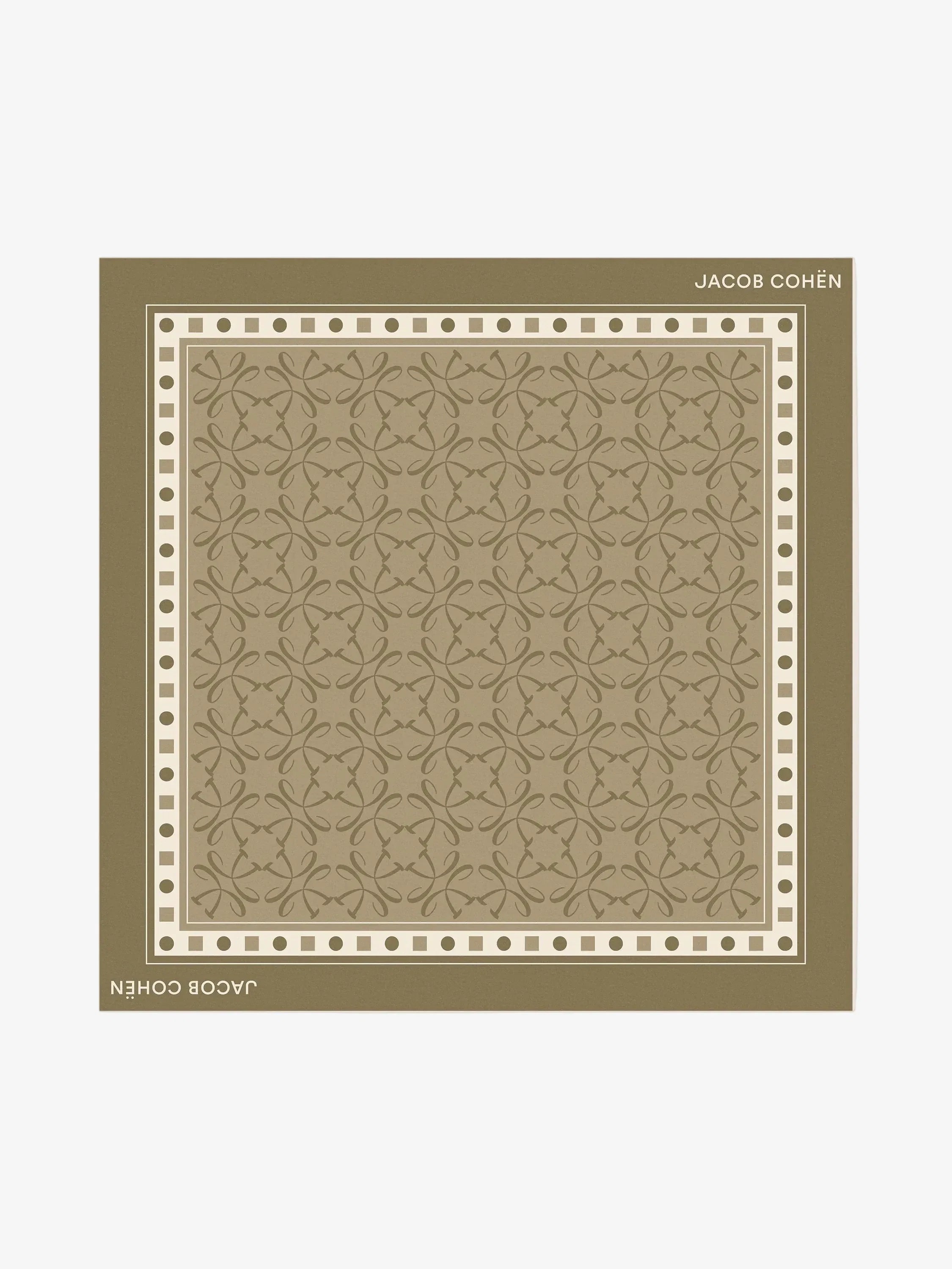 Patterned scarf with 'JACOB COHEN' branding on a light gray background