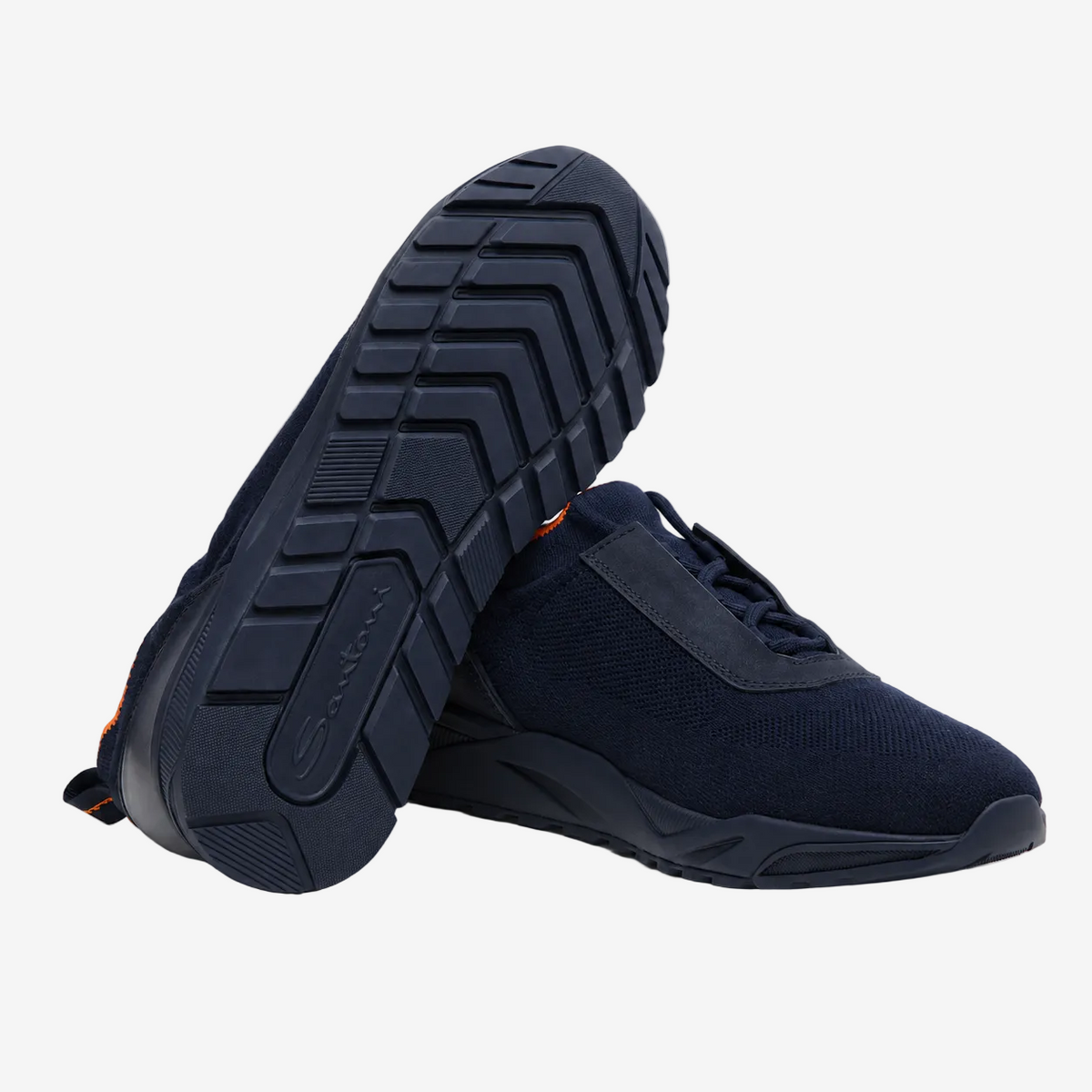 Dark Blue Stretch Knit and Leather Sneakers