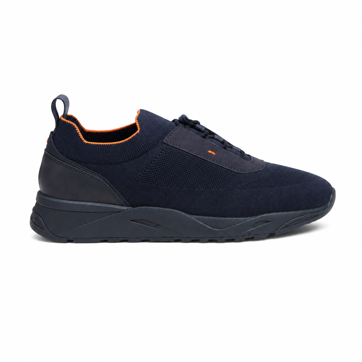 Dark Blue Stretch Knit and Leather Sneakers