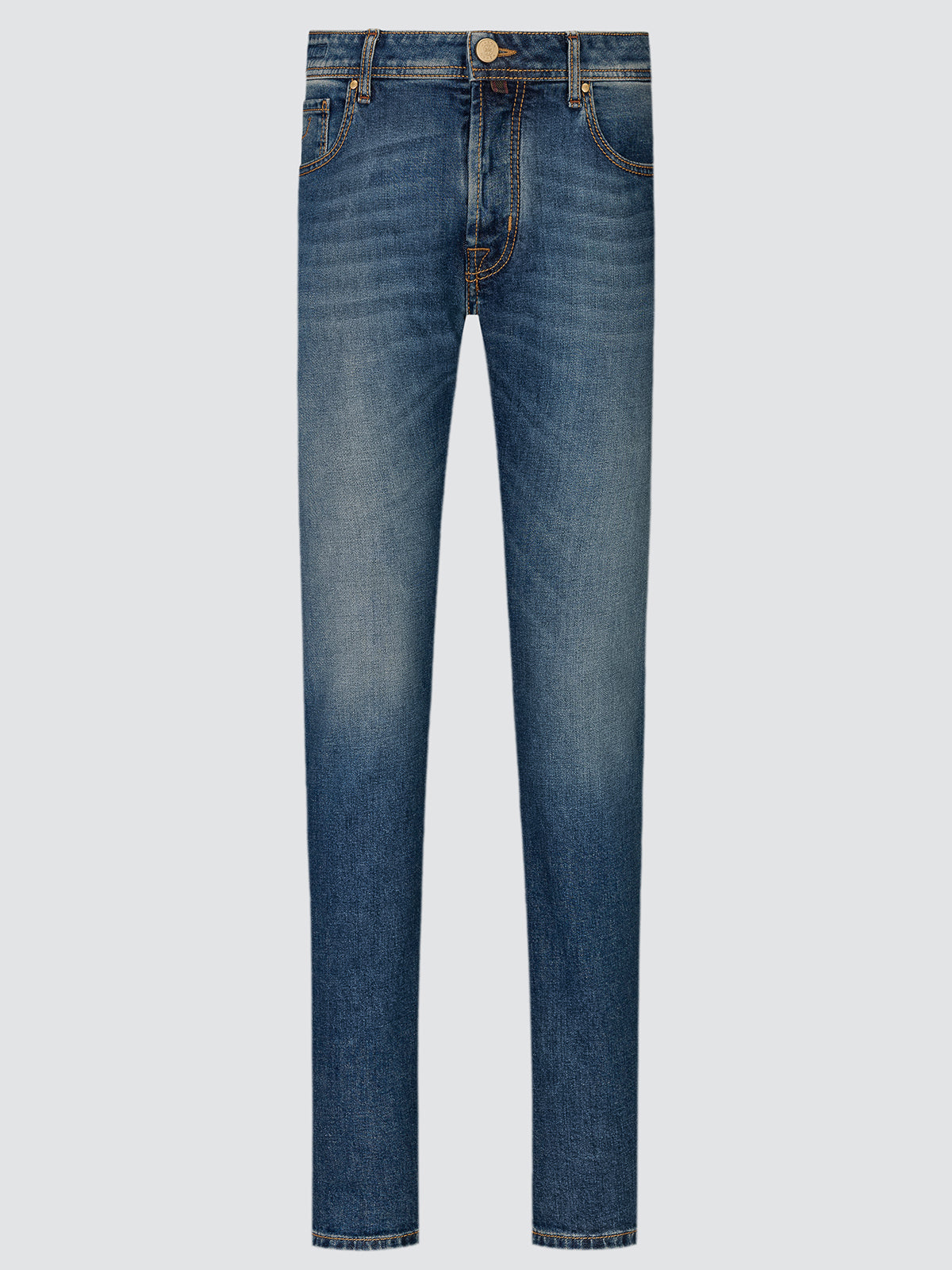 Full-length front view of medium blue Bard comfort jeans laid flat, with a faded vintage wash and tapered leg.