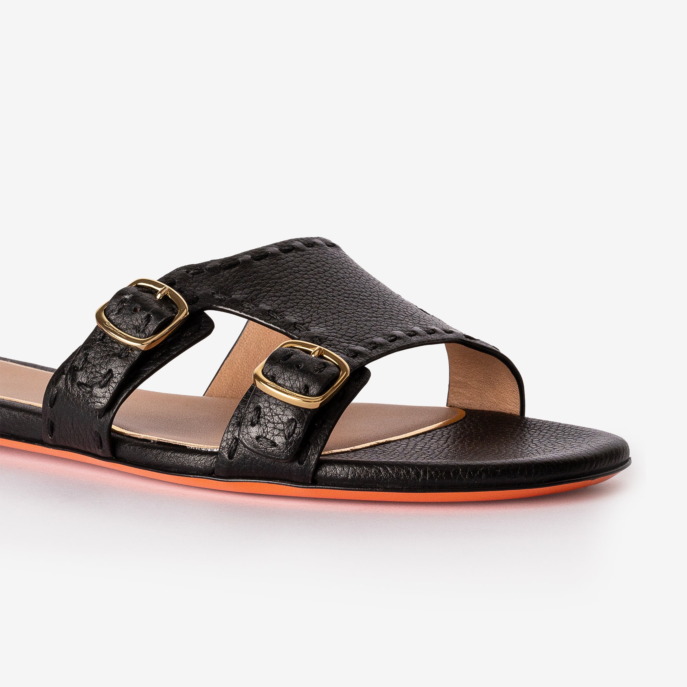 Black Leather Double-Buckle Didi Slide Sandal