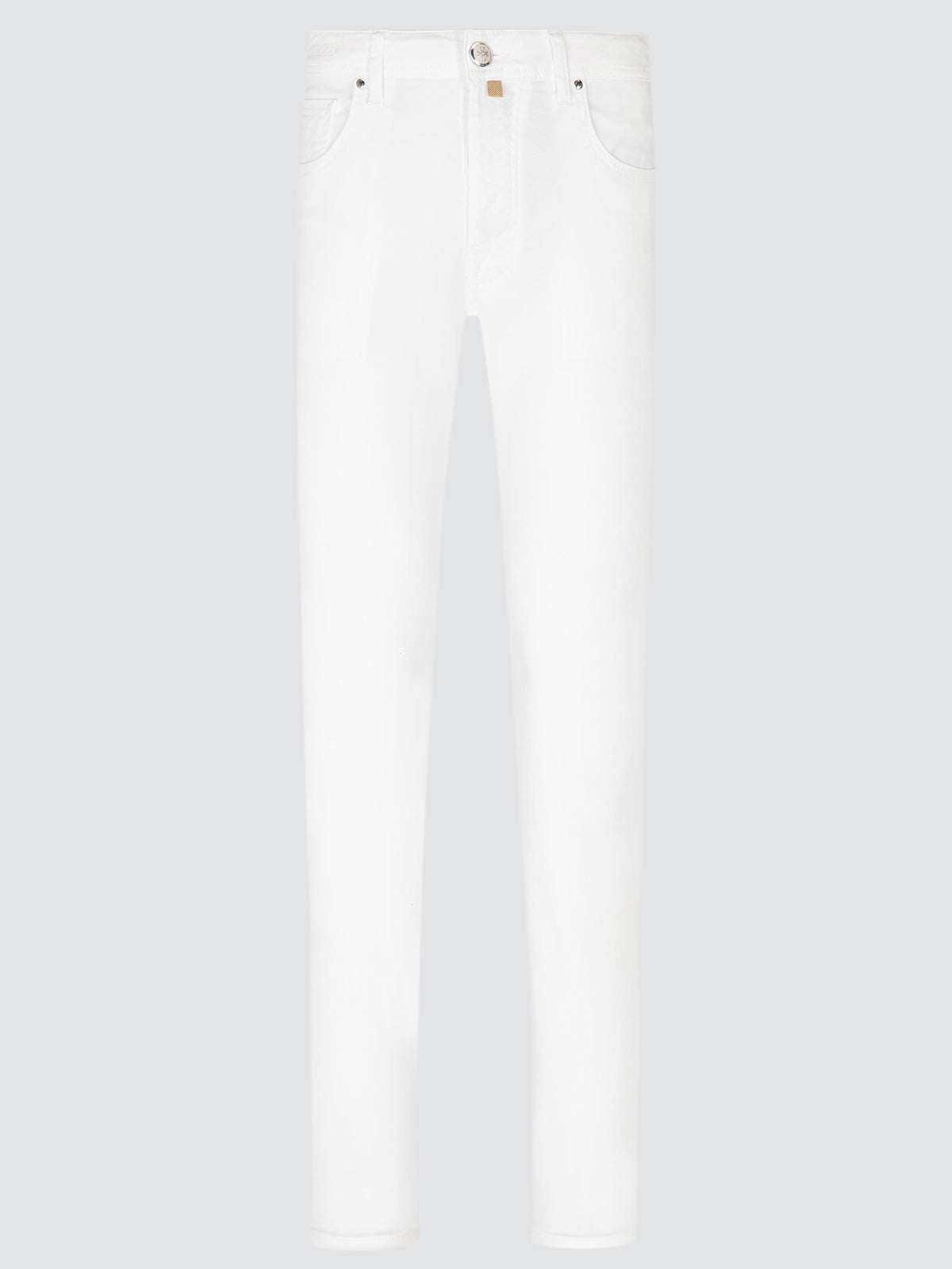 Full-length front view of white Bard jeans laid flat, with a regular-slim cut and five-pocket styling.