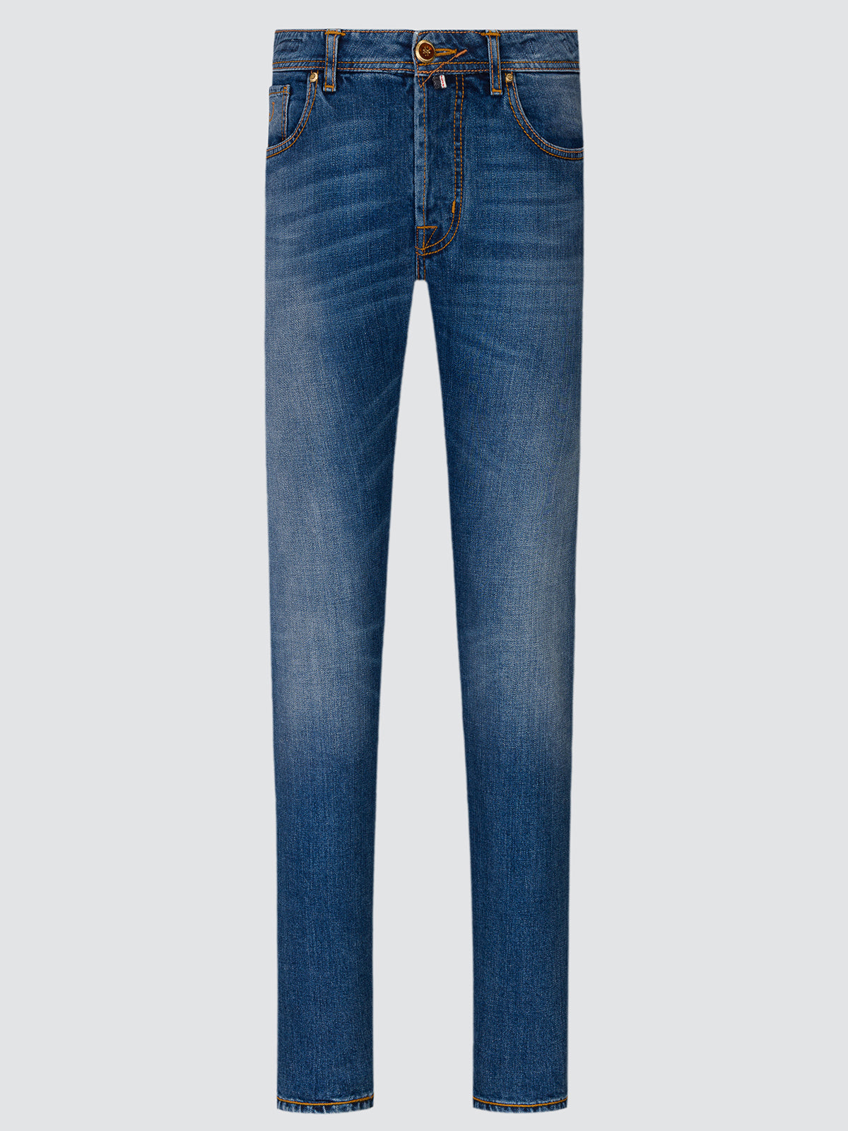 A pair of medium wash blue denim jeans with a faded gradient effect towards the lower legs, shown flat against a light gray background.