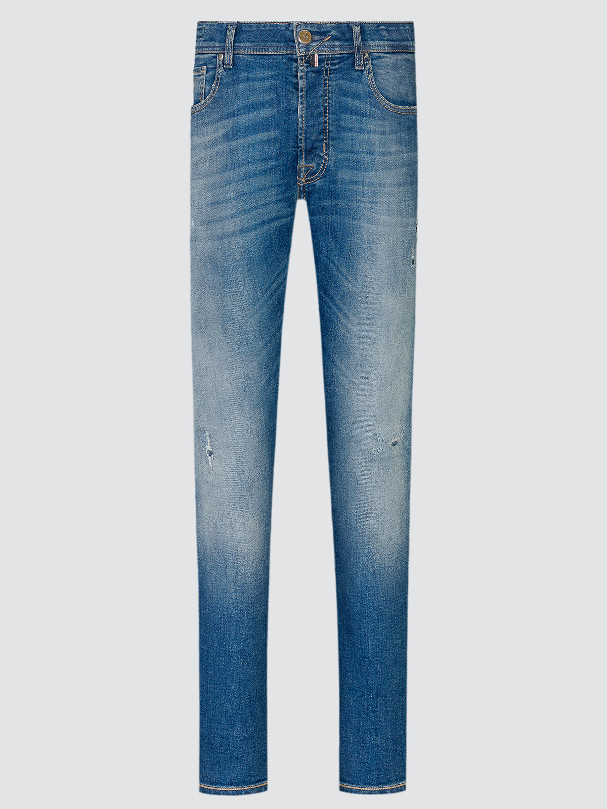 Mid blue Bard LTD Regular-Slim jeans in vintage-washed stretch denim, front view laid flat