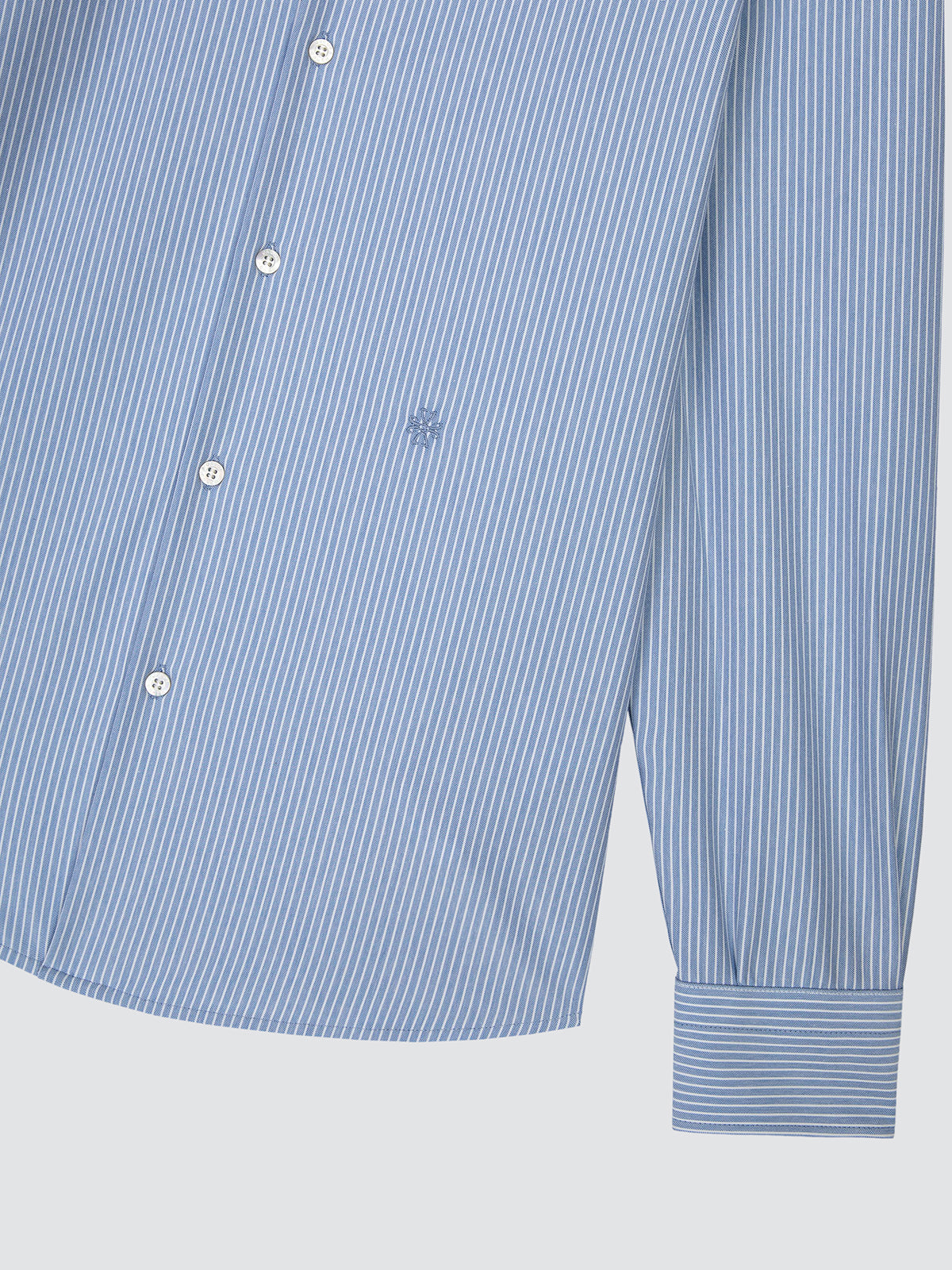Light blue and white striped cotton stretch shirt, front view with the placket open
