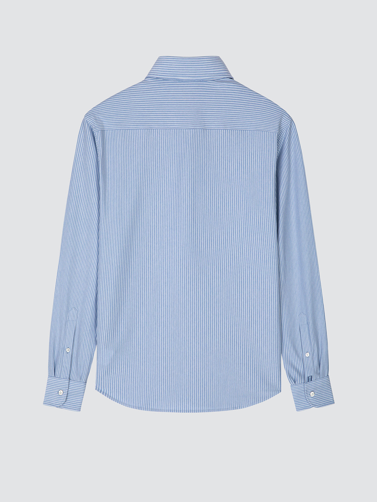 Back view of the light blue and white striped cotton shirt laid flat