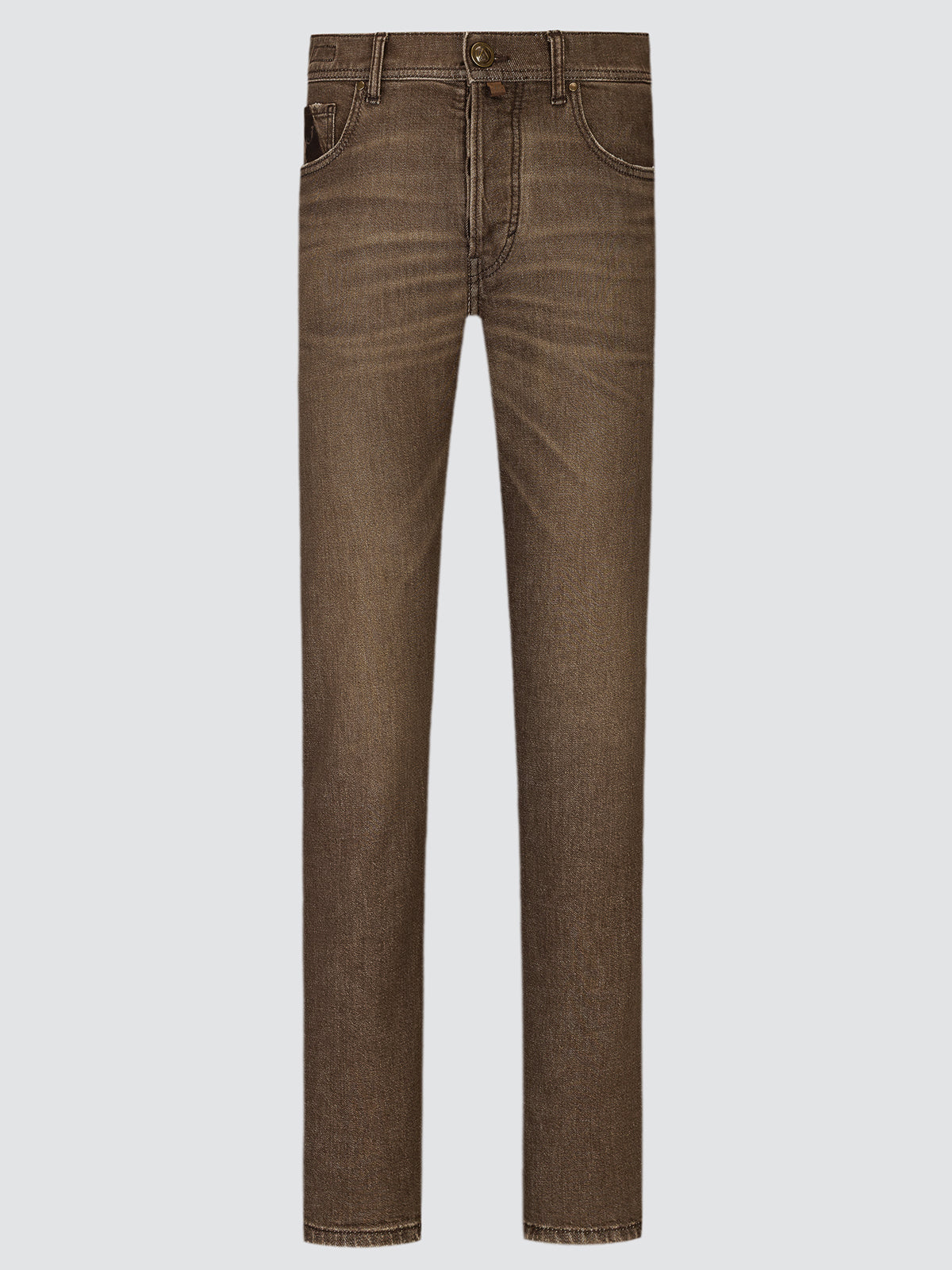 Brown Edo Comfort jeans, front view laid flat