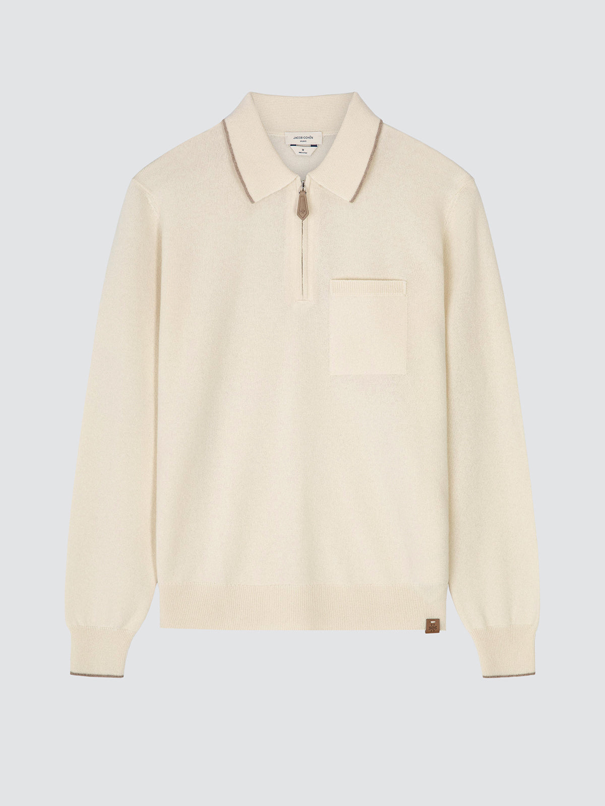 Cream cashmere long-sleeve polo by Jacob Cohën with a half-zip collar and a patch chest pocket, shown flat against a light grey background.