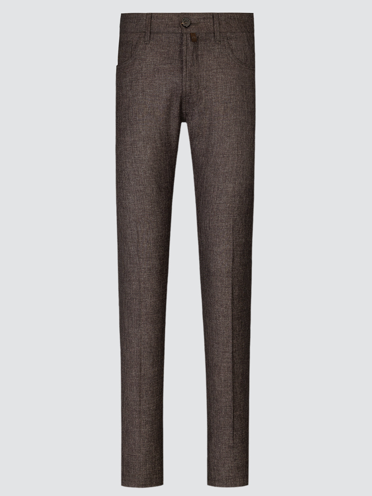 Full-length front view of dark brown Vitale Barberis Canonico wool trousers laid flat, with a five-pocket cut and tapered leg.