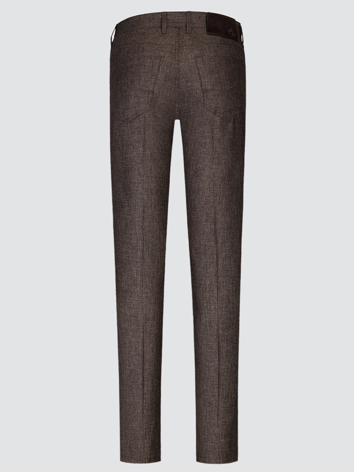 Full-length back view of the same dark brown wool trousers, showing the square back patch at the waistband.