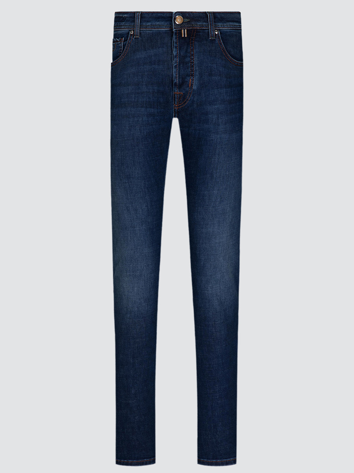 A pair of dark blue slim-fit jeans shown flat against a light gray background.