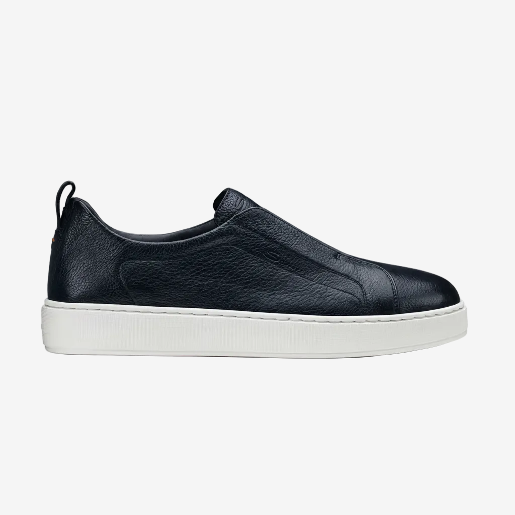 Dark Blue Grained Leather Slip-on Sneakers