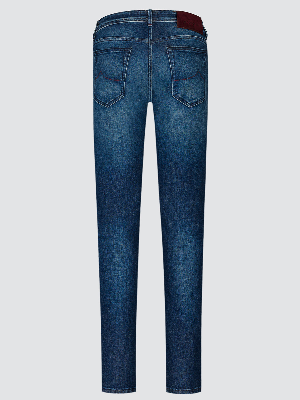 Back view of the mid blue Bard jeans showing the burgundy patch at the waistband