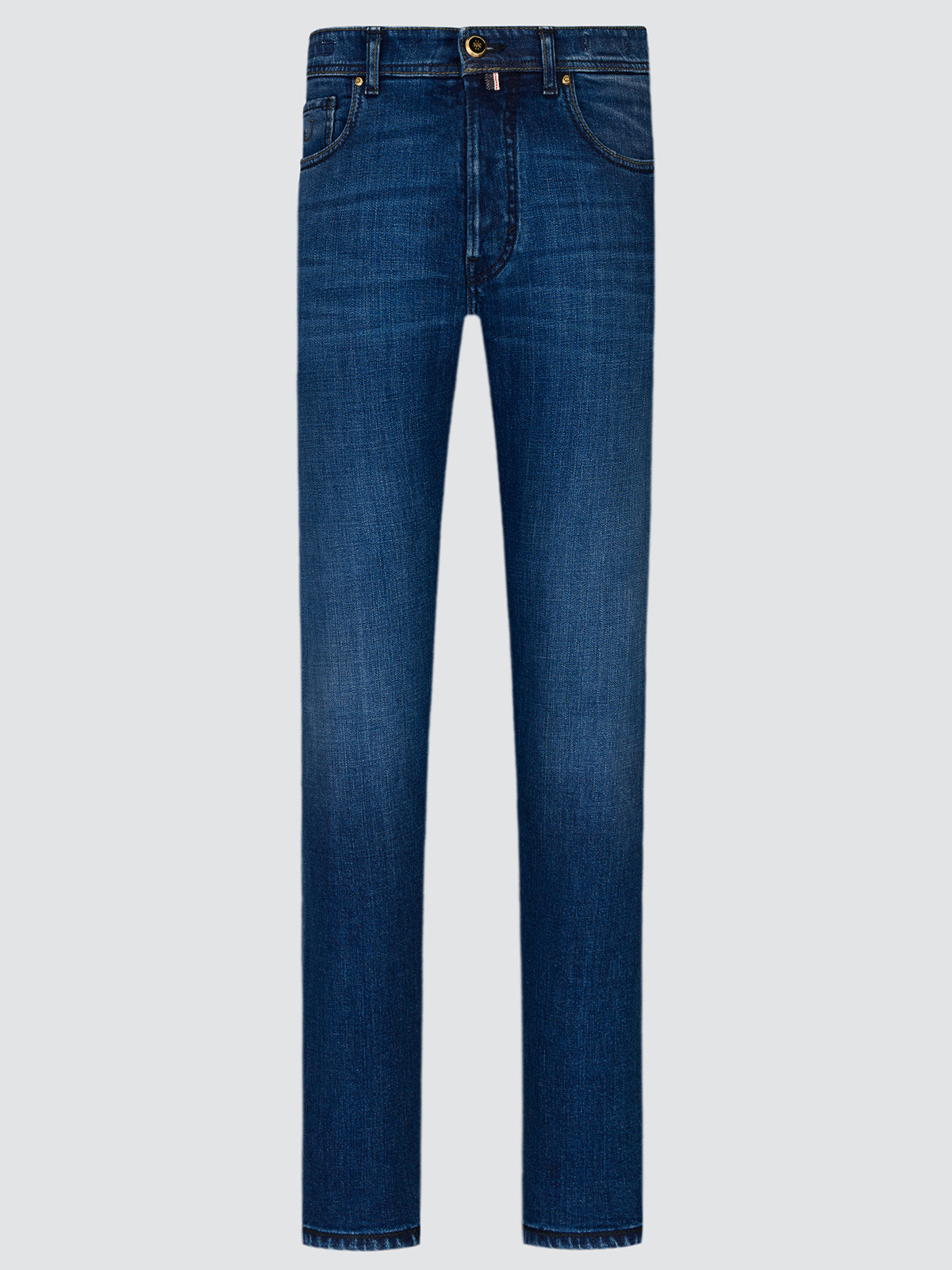 Blue Edo LTD stretch selvedge jeans, front view laid flat