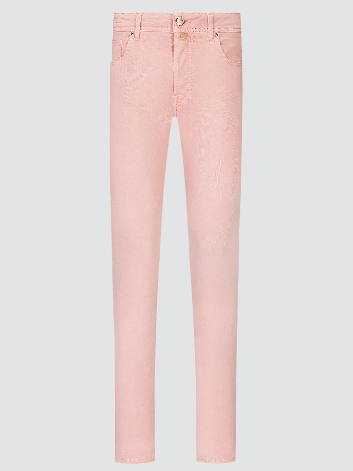 Antique rose Bard five-pocket trousers, front view laid flat