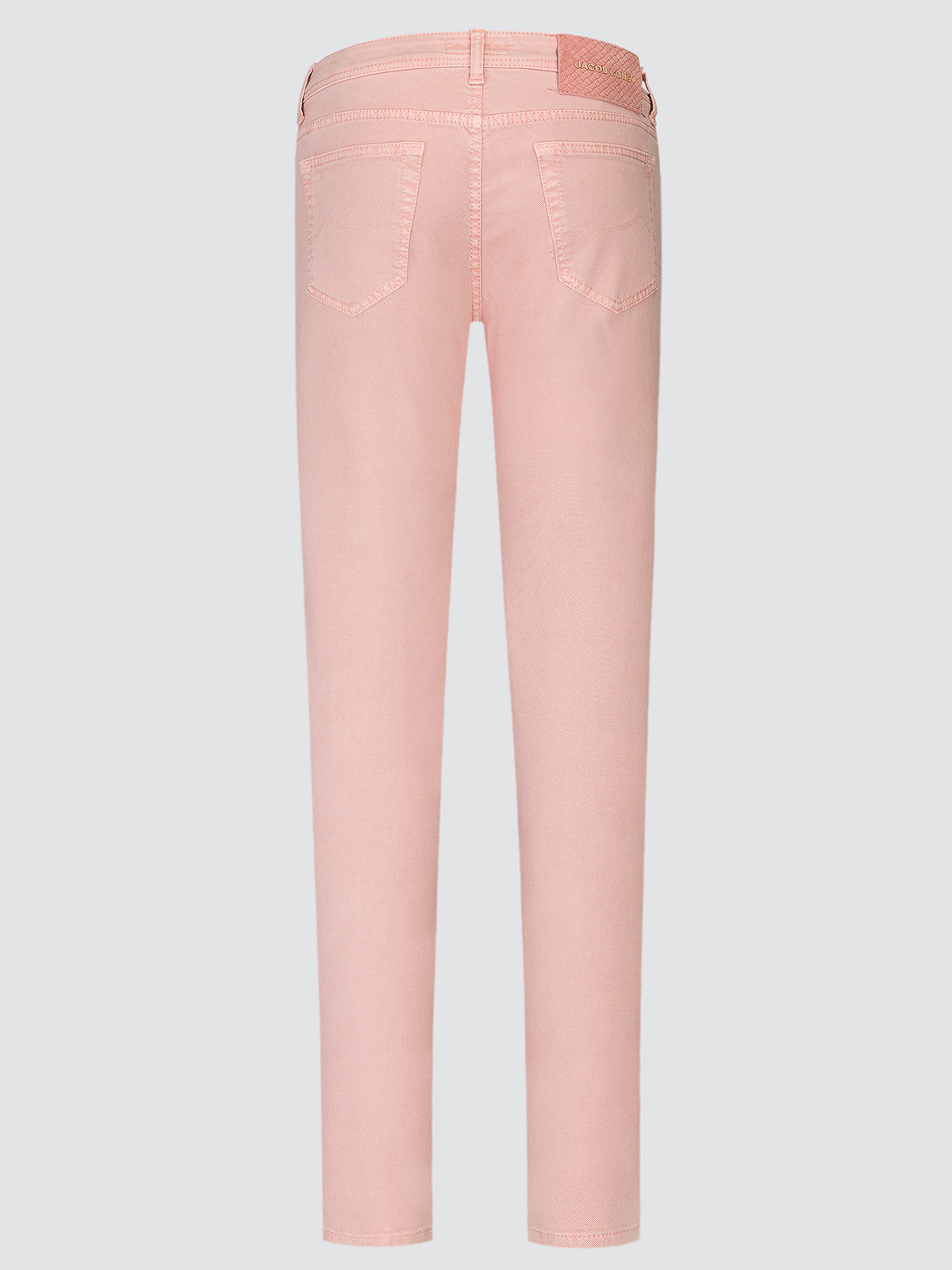 Back view of the antique rose Bard trousers showing the five-pocket construction