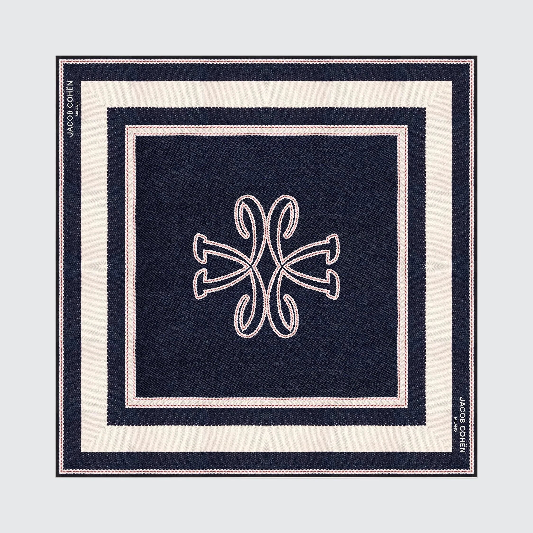 JACOB COHEN Limited edition square scarf in navy blue and cream, featuring a central embroidered monogram and concentric borders.