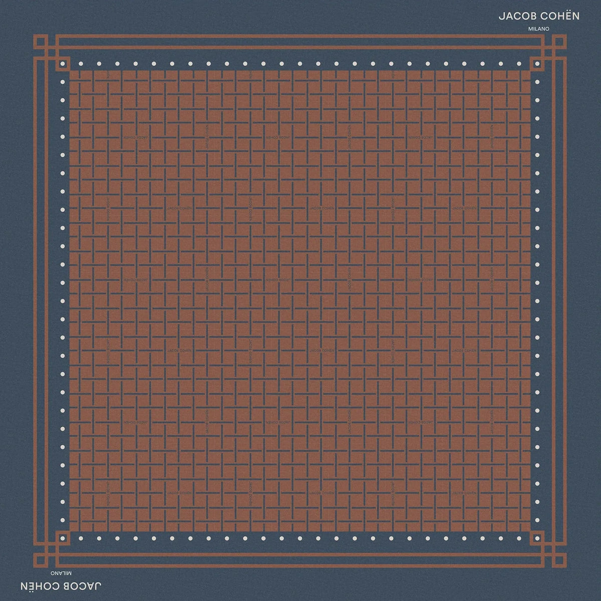 A square scarf by Jacob Cohen, featuring a brown and rust grid pattern with a navy blue border and geometric corner details, shown flat against a light beige background.