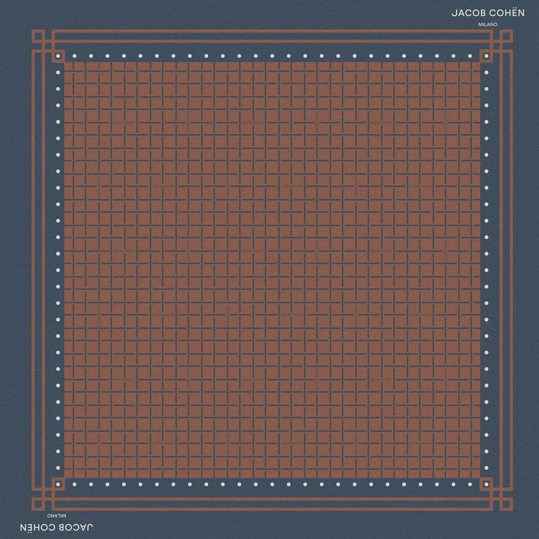 A square scarf laid flat against a light beige background. The scarf has a dark slate blue border with a fine grid pattern in the center, accented by small white dots and corner motifs.