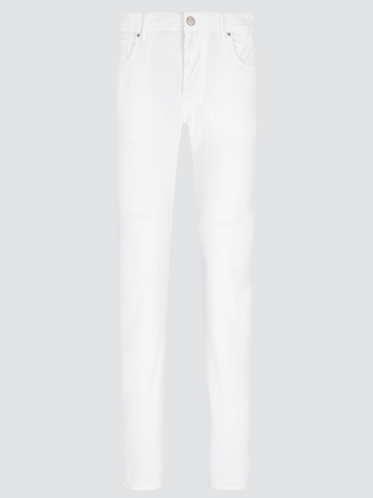 White slim-fit jeans shown flat against a light gray background.
