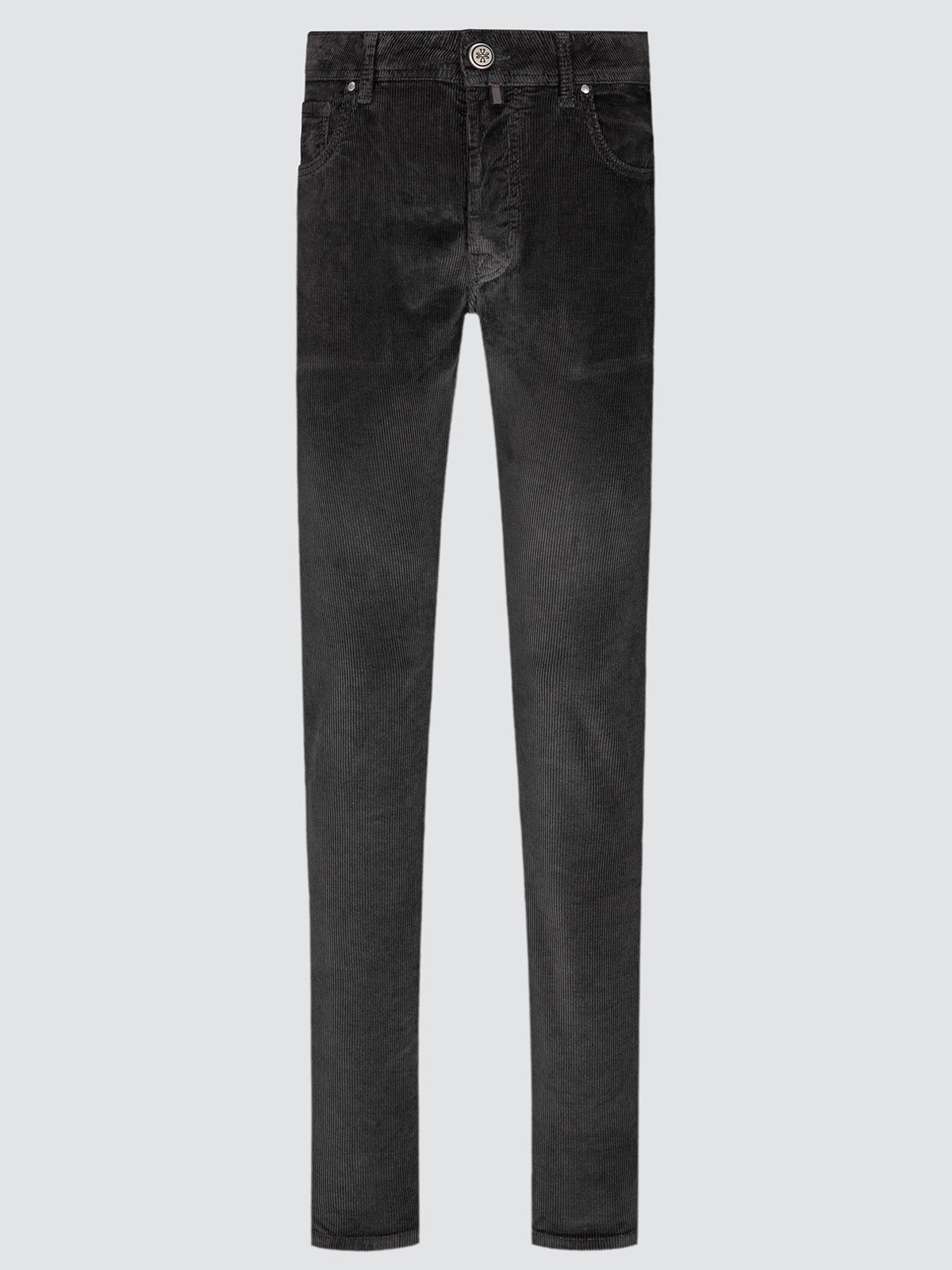 A pair of slim-fit black corduroy jeans shown flat against a light gray background.