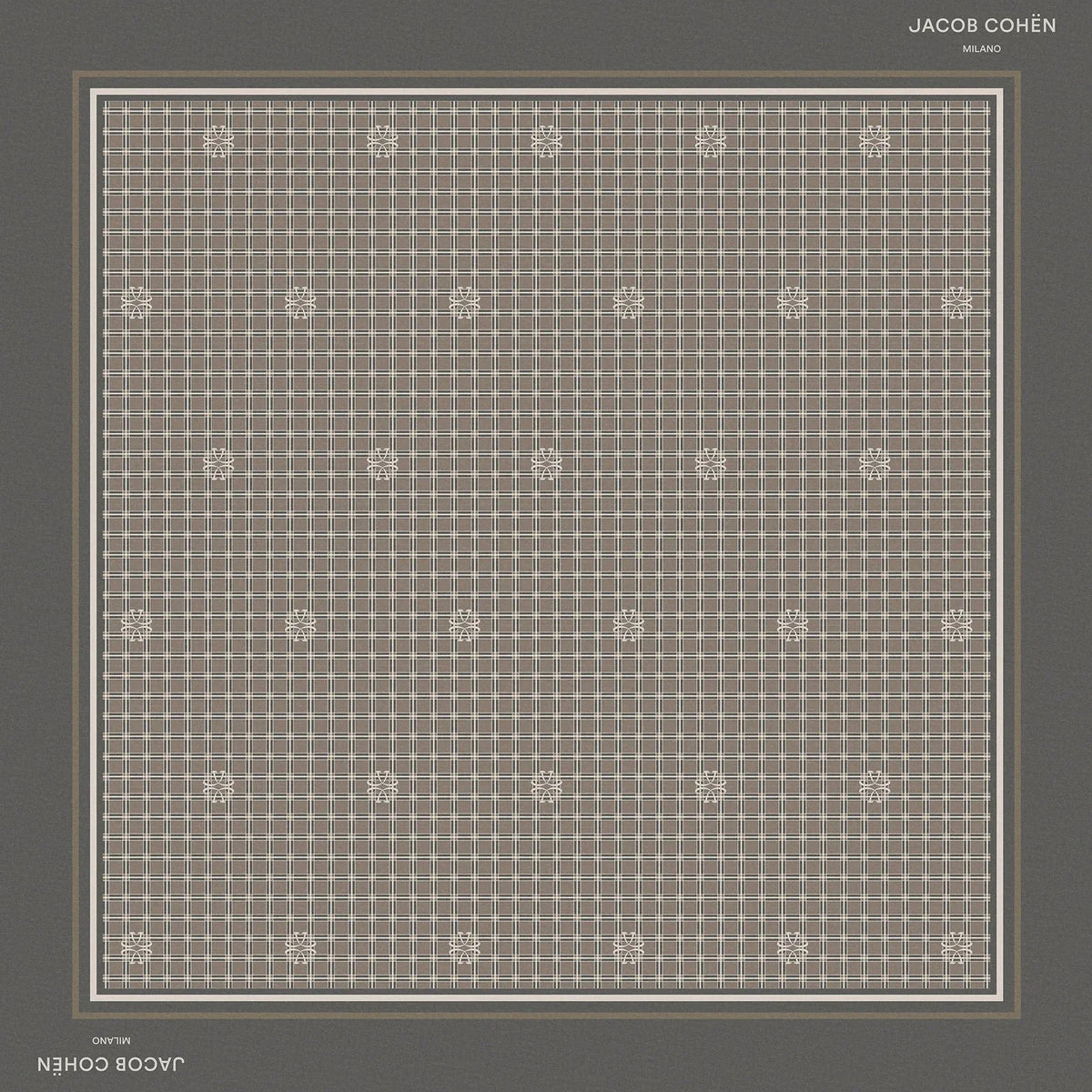 A square scarf by Jacob Cohen, featuring a geometric pattern of small white dots and squares on a taupe-gray background, framed by a wide dark gray border with the brand name printed at the top right.