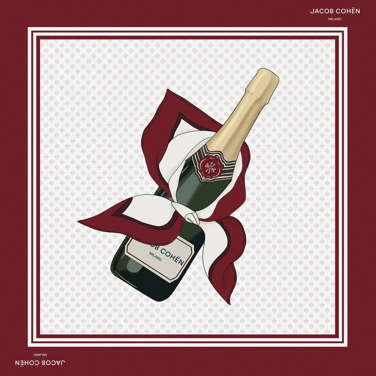 Burgundy-bordered cotton bandana printed with a champagne bottle motif, included with the jeans