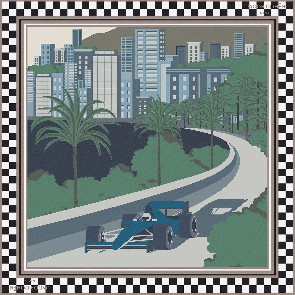 Framed artwork of a race car on a track with palm trees and buildings in the background.