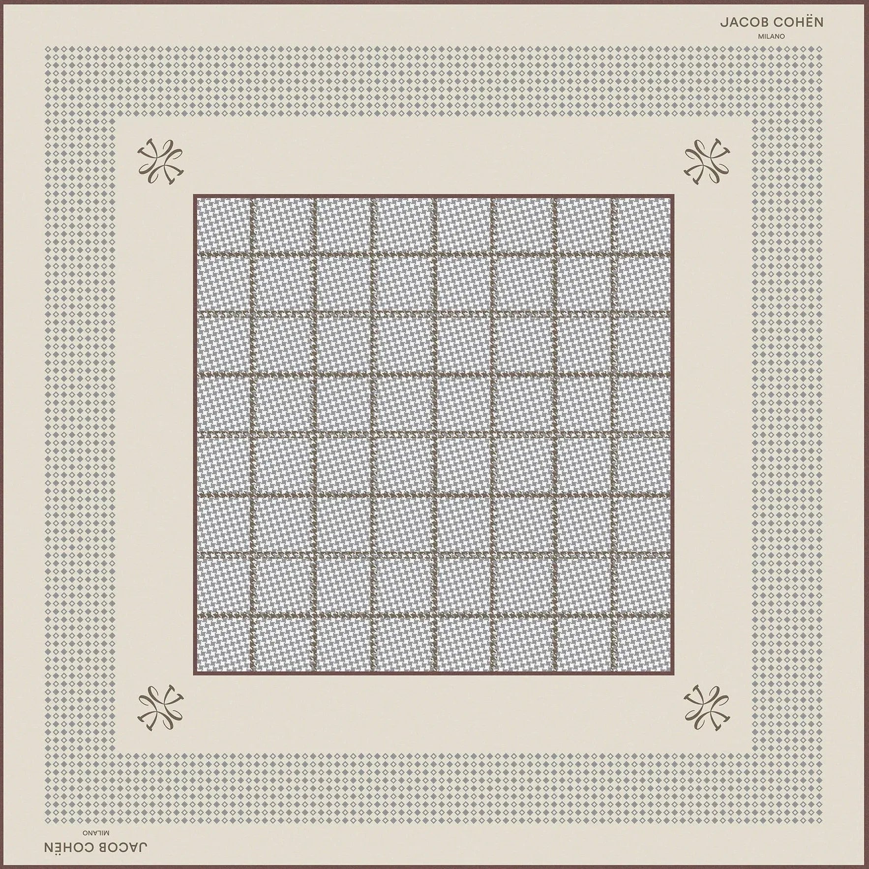 A square bandana Jacob Cohën . The scarf has a cream center with a gray grid pattern, surrounded by a thin brown border and a wider patterned border in beige, brown, and gray.