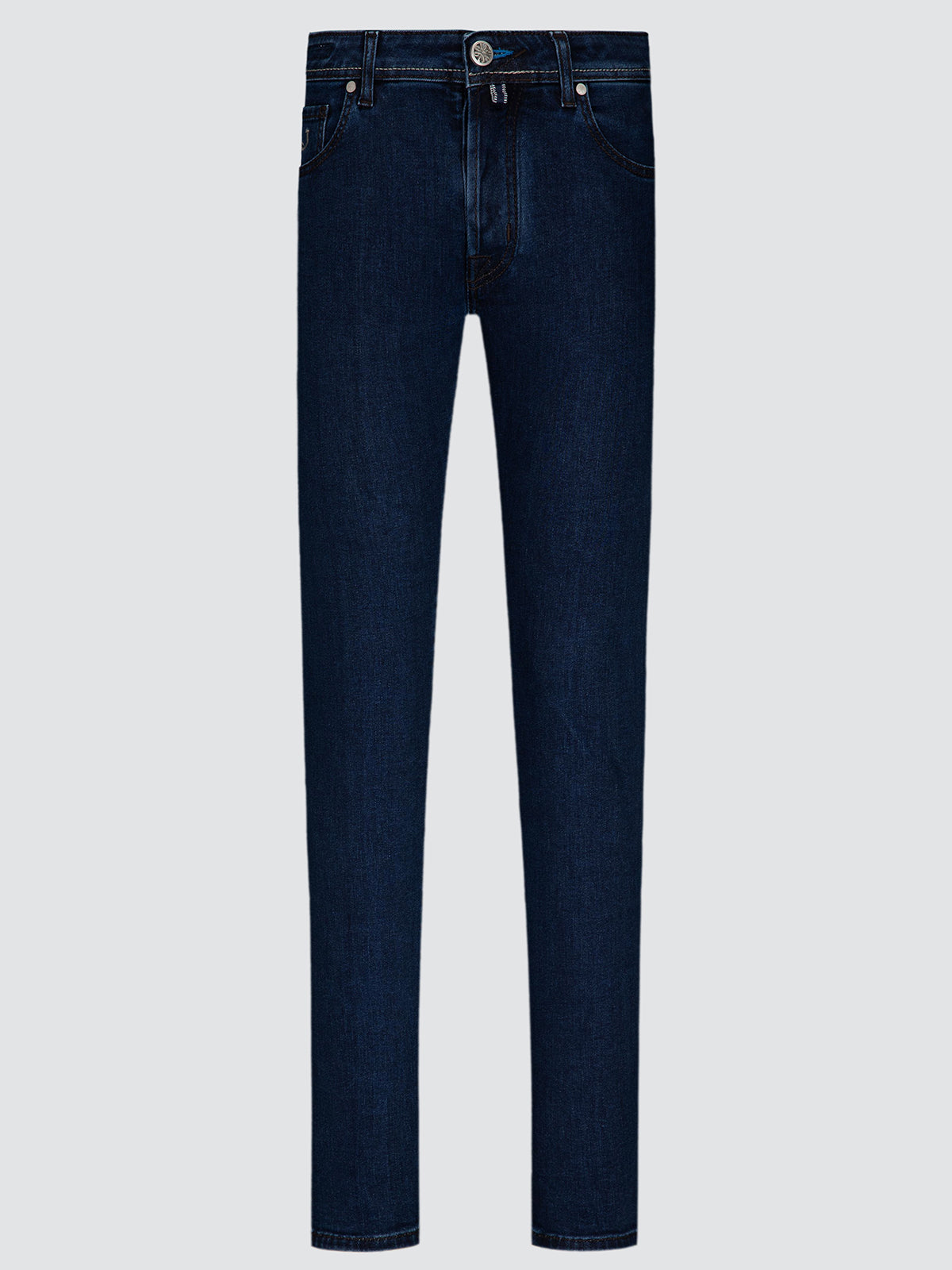 Dark blue slim-fit jeans shown flat against a light gray background.