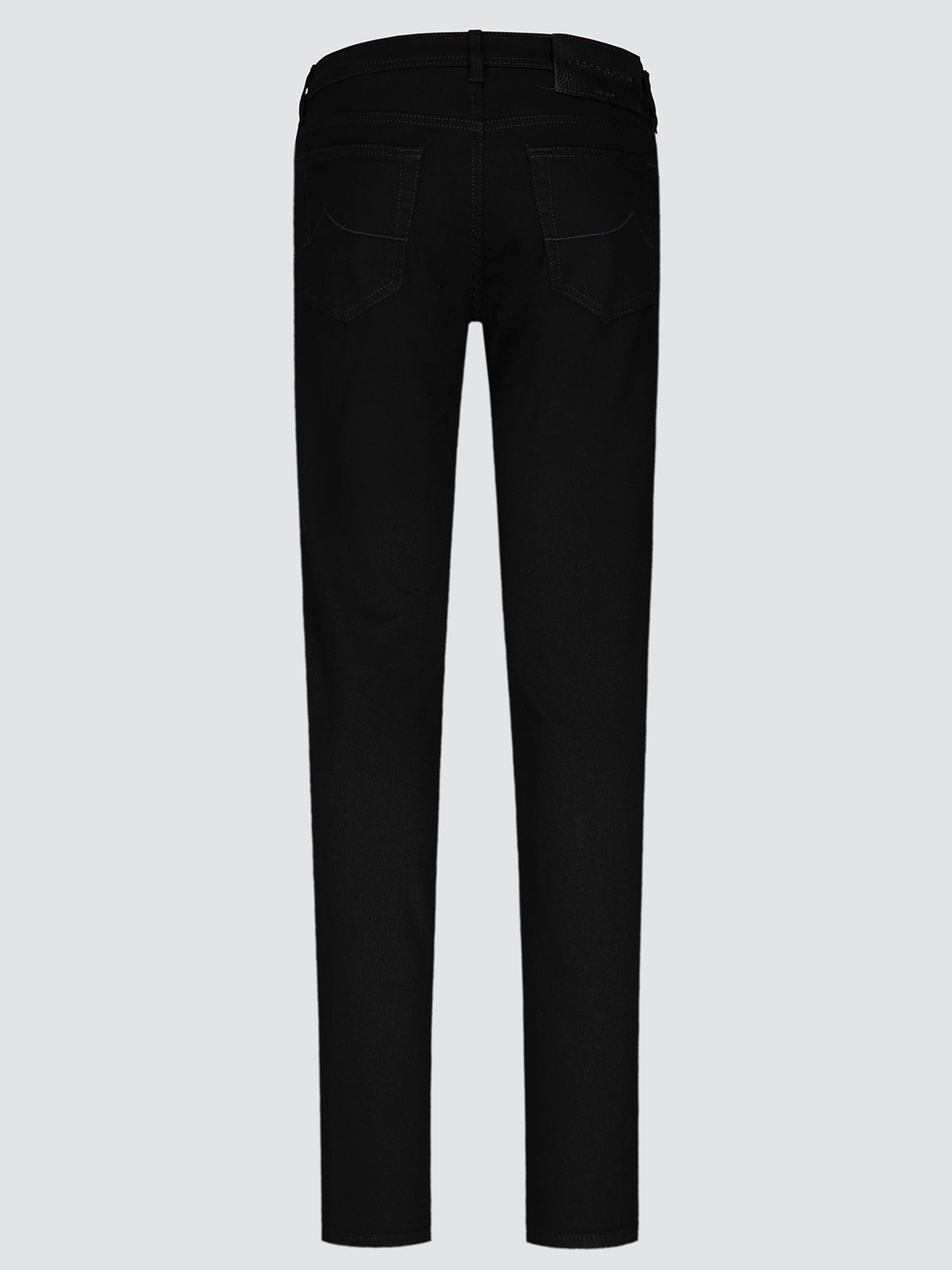 Black slim-fit jeans shown from the back, featuring a standard five-pocket design and belt loops, photographed against a solid light gray background.