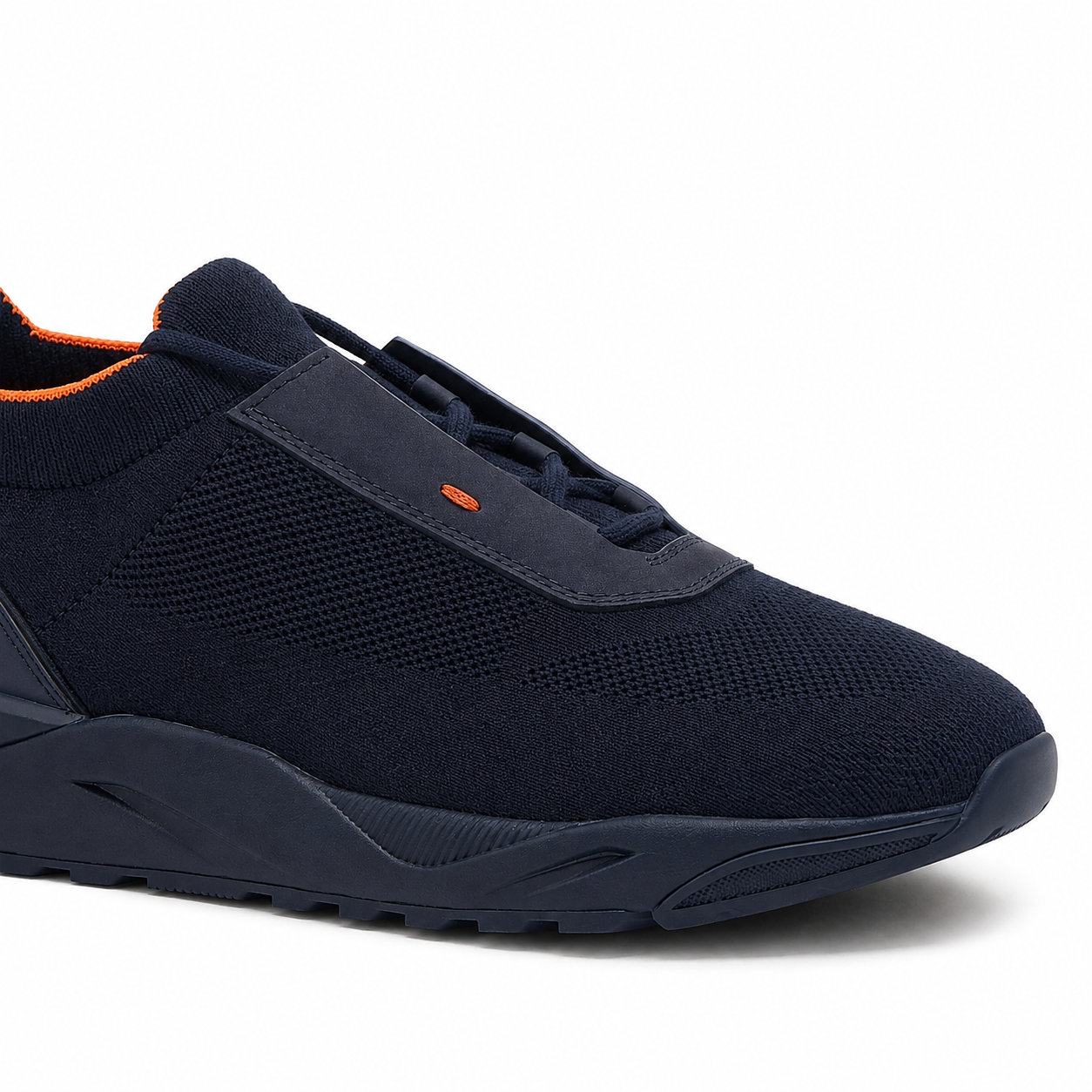 Dark Blue Stretch Knit and Leather Sneakers
