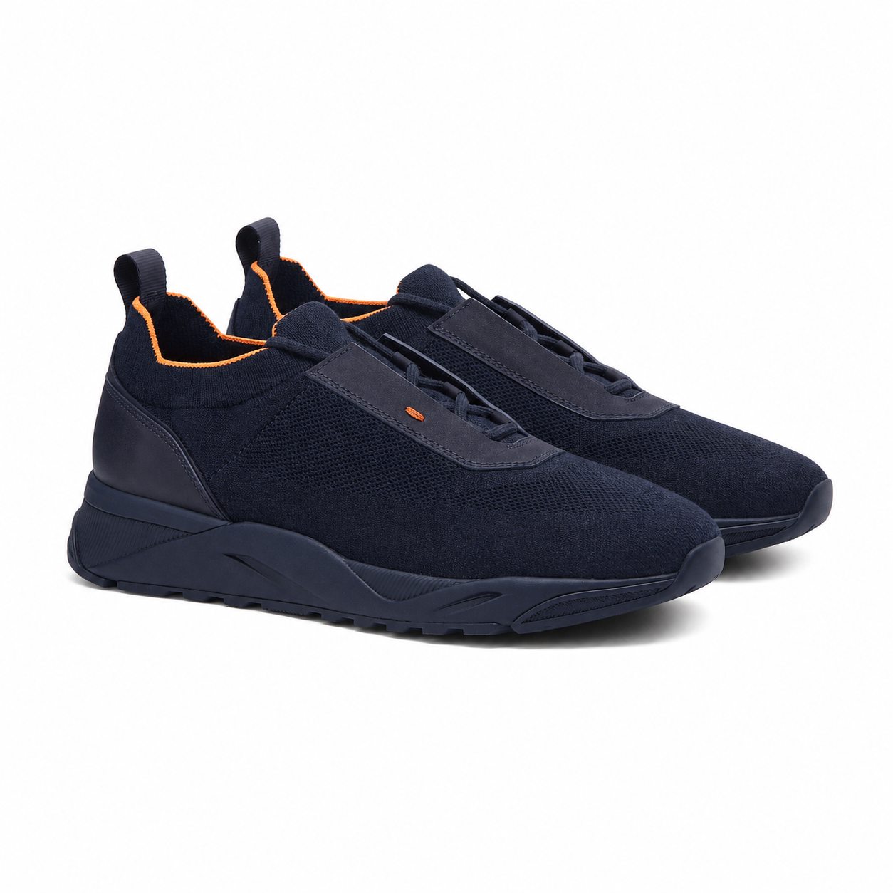 Dark Blue Stretch Knit and Leather Sneakers