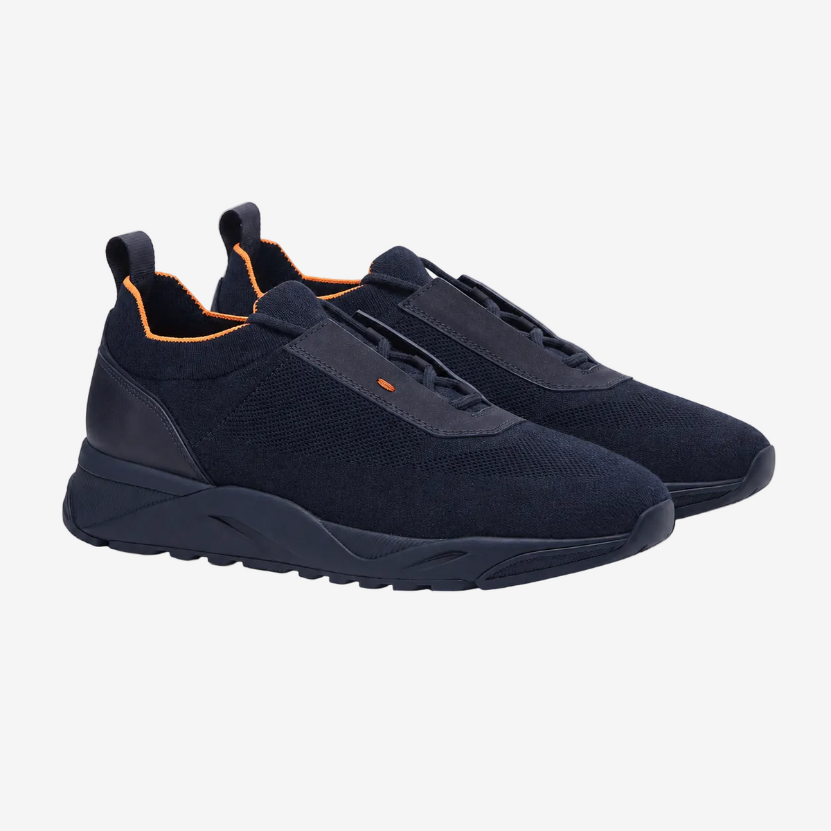 Dark Blue Stretch Knit and Leather Sneakers