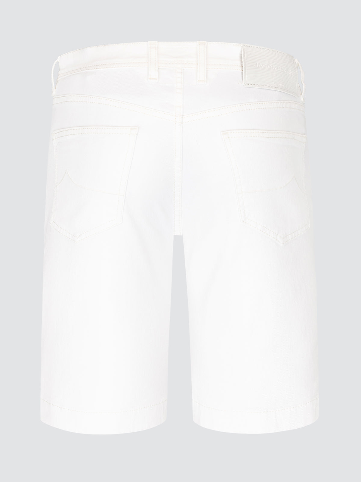 White short denim back view on a light gray background