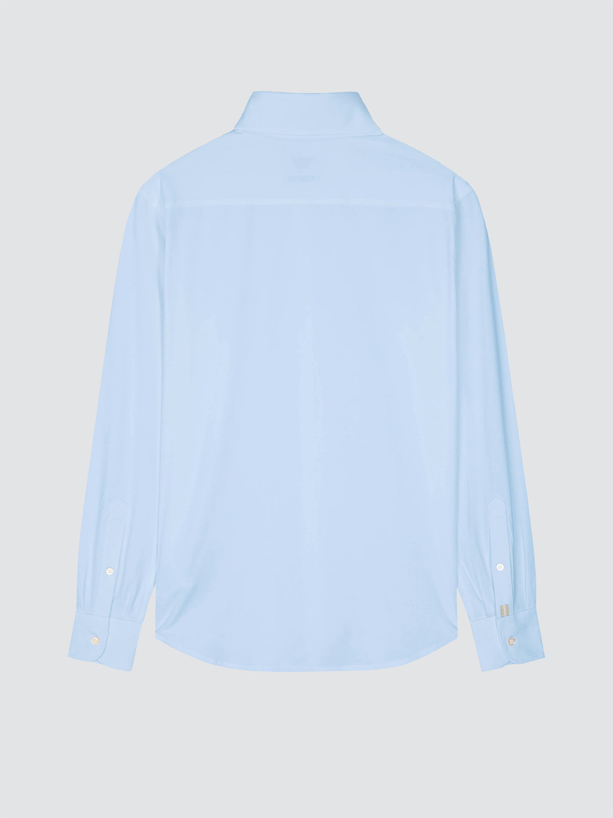 A light blue long-sleeve button-down shirt shown from the back, displayed on a neutral light gray background.