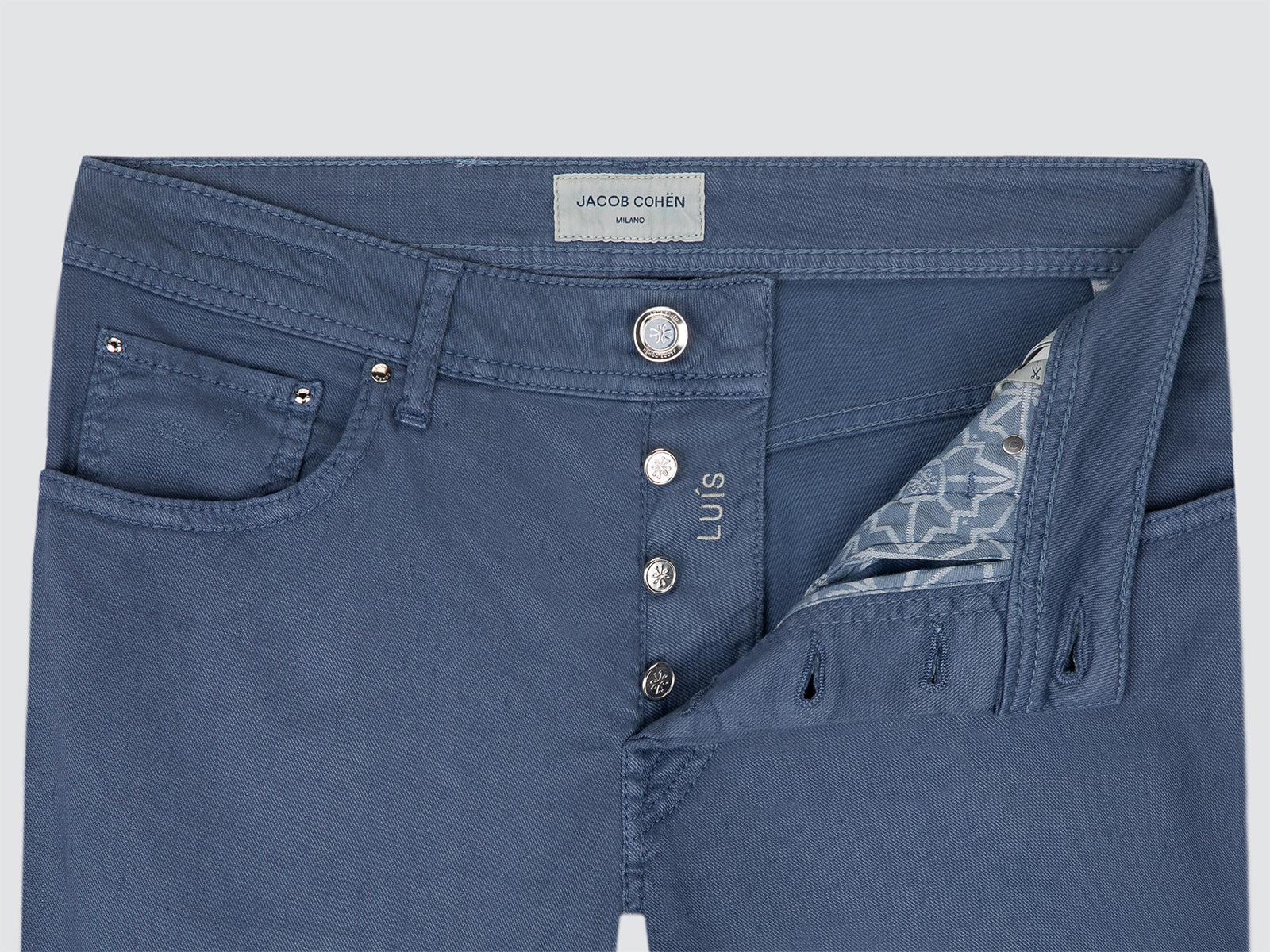 Luis - Colony Blue Linen Cotton Stretch 5 Pockets Pants