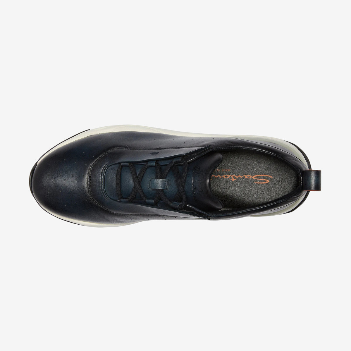 Top view of the navy Innova sneaker showing the lacing and Santoni insole