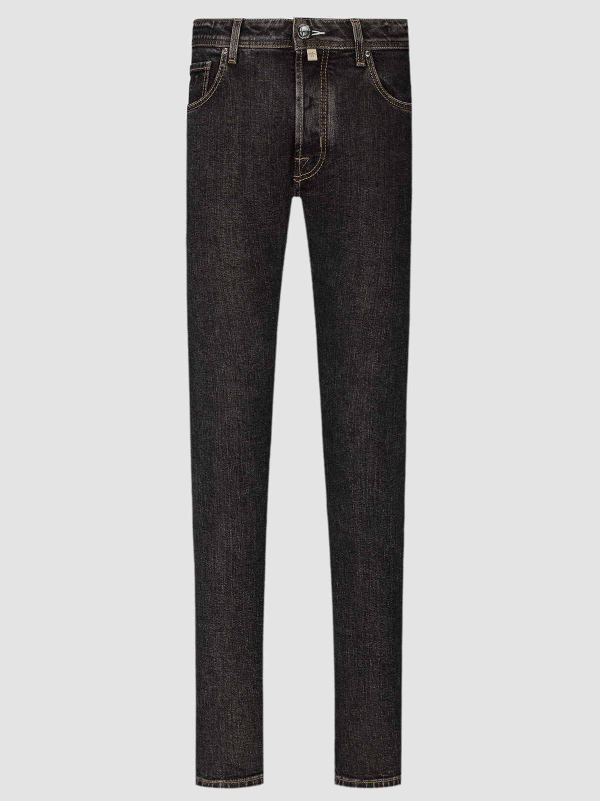 Black Bard Apres Ski jeans in vintage-washed stretch denim, front view laid flat