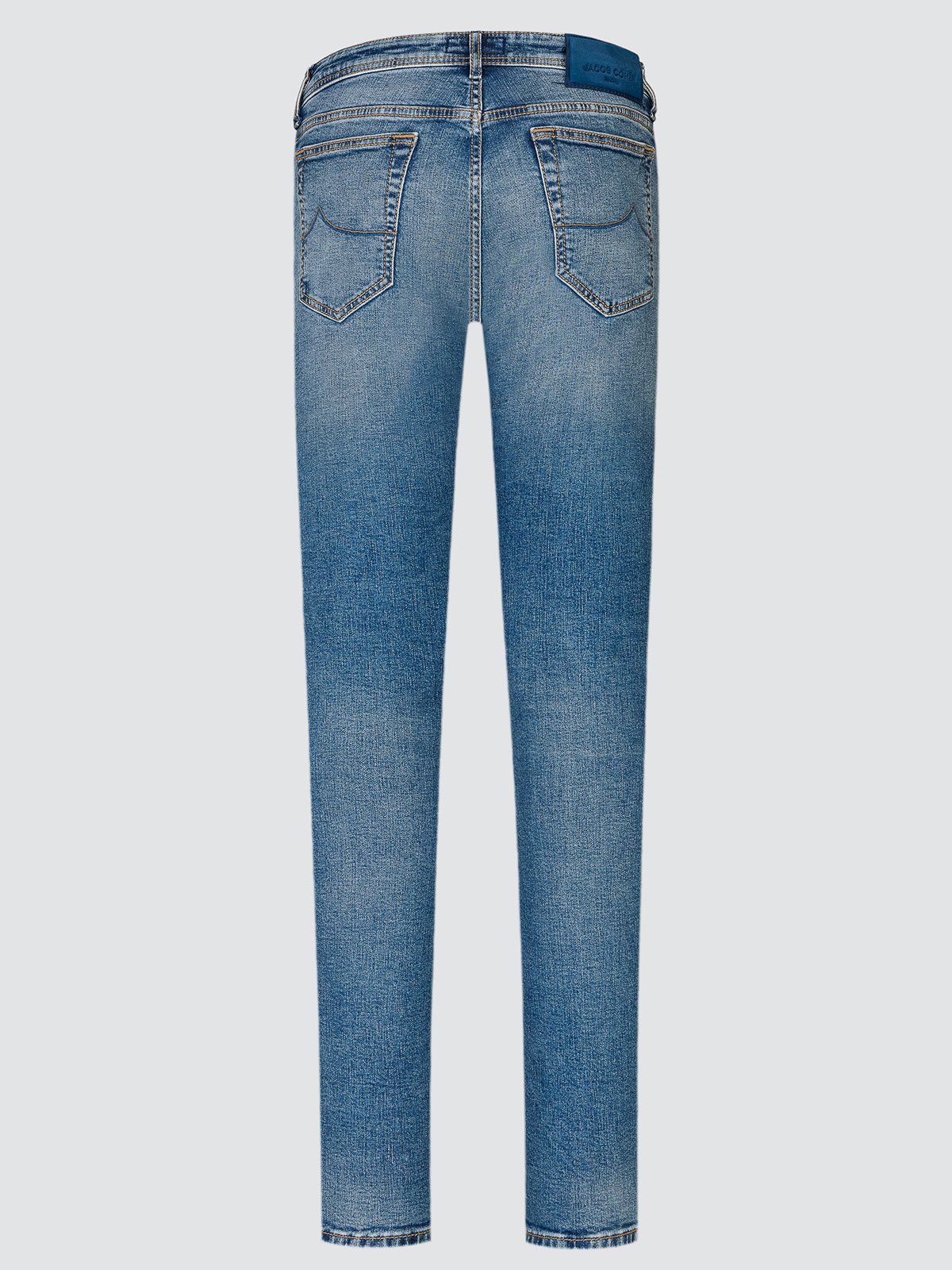 Back view of the light blue Bard stretch denim jeans laid flat