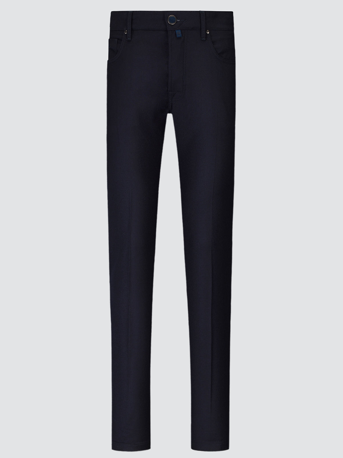 Navy blue Bard trousers in wool flannel, front view laid flat