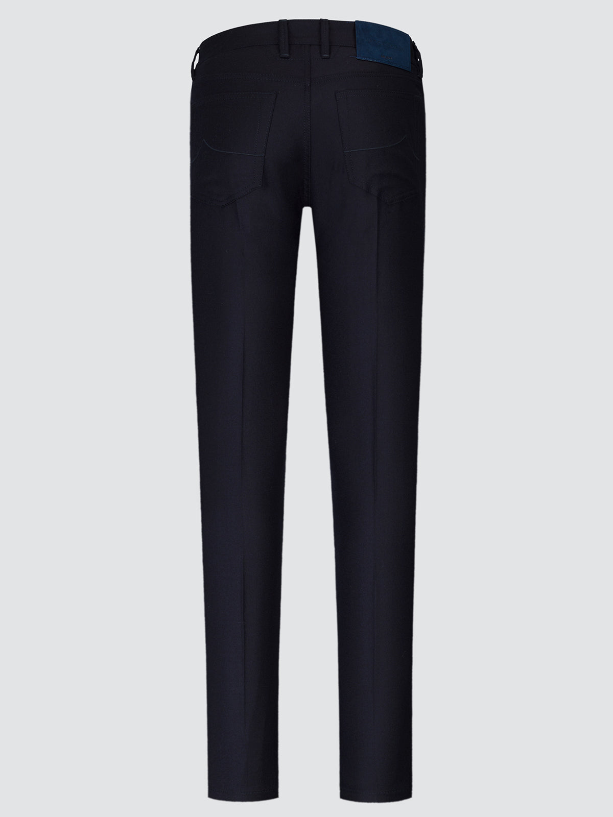 Back view of the navy blue flannel Bard trousers laid flat