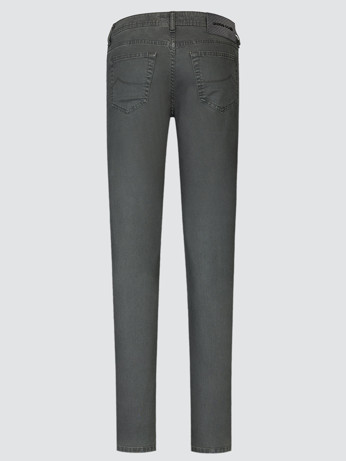 Back view of the grey Bard trousers showing the back pockets and leather patch