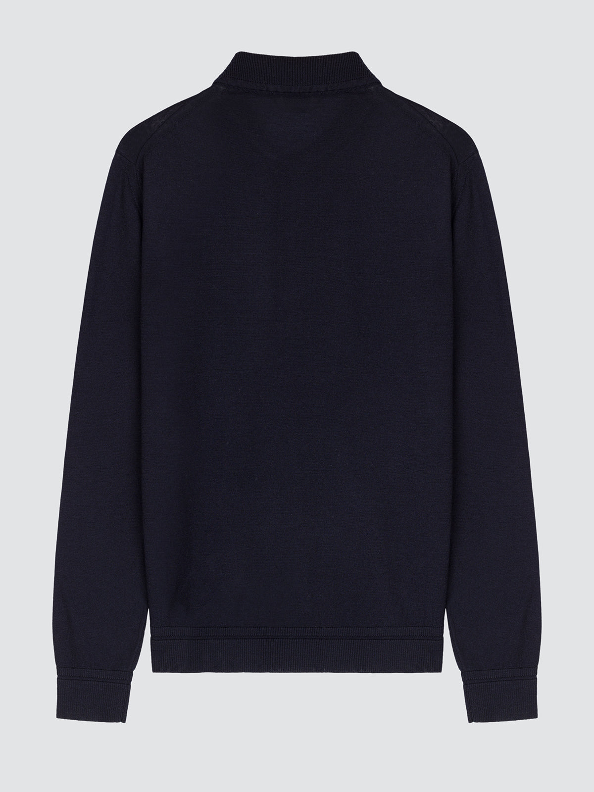 Back view of the navy blue wool and silk long-sleeve polo