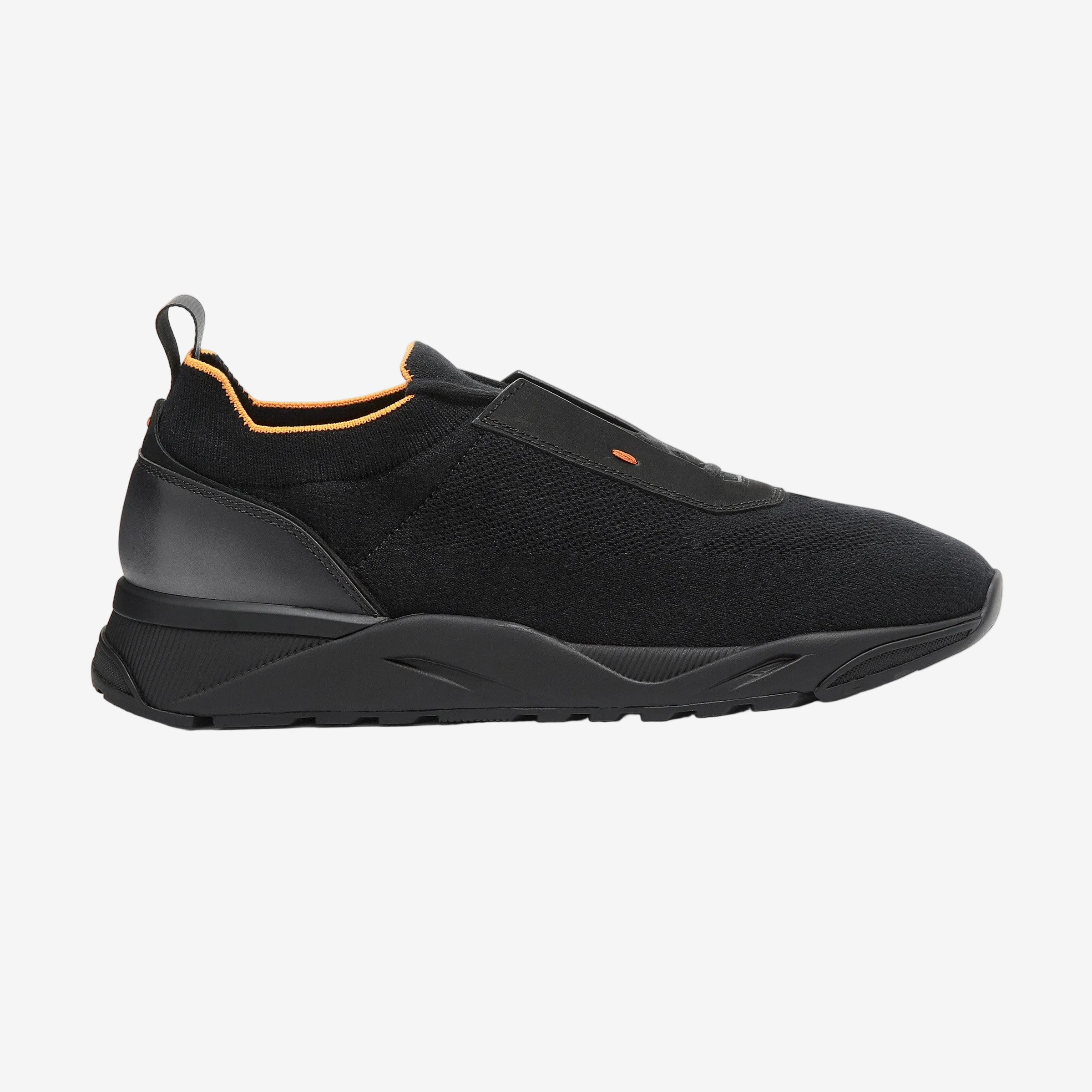 black stretch knit and leather sneaker