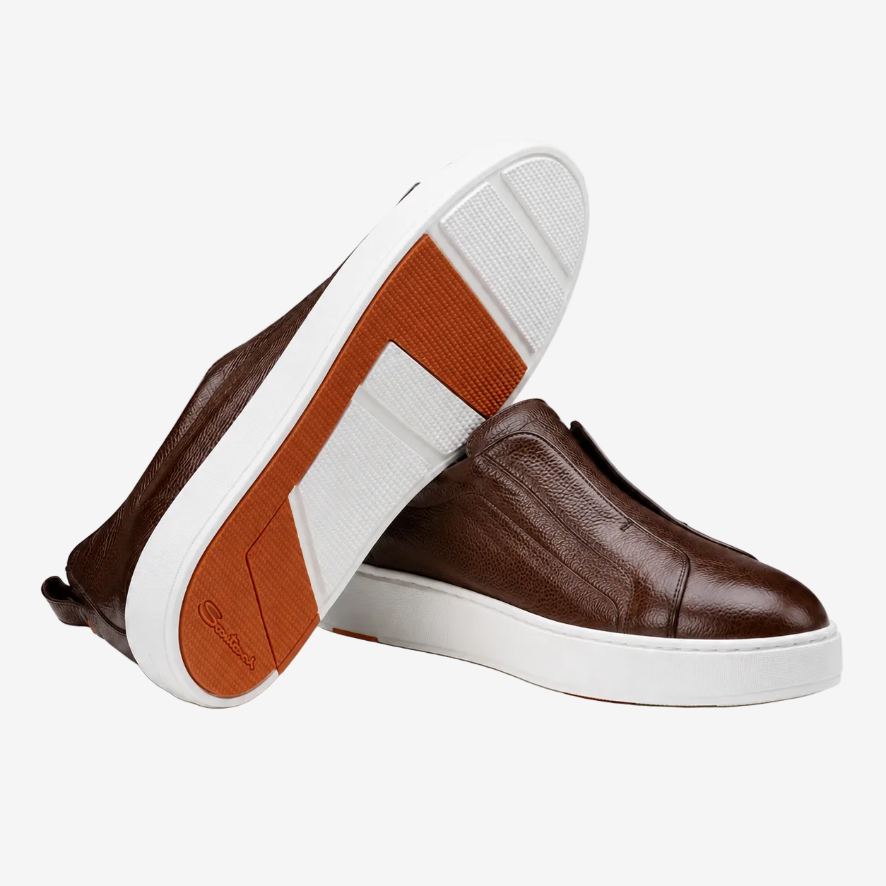 Brown Grained Leather Slip-on Sneakers