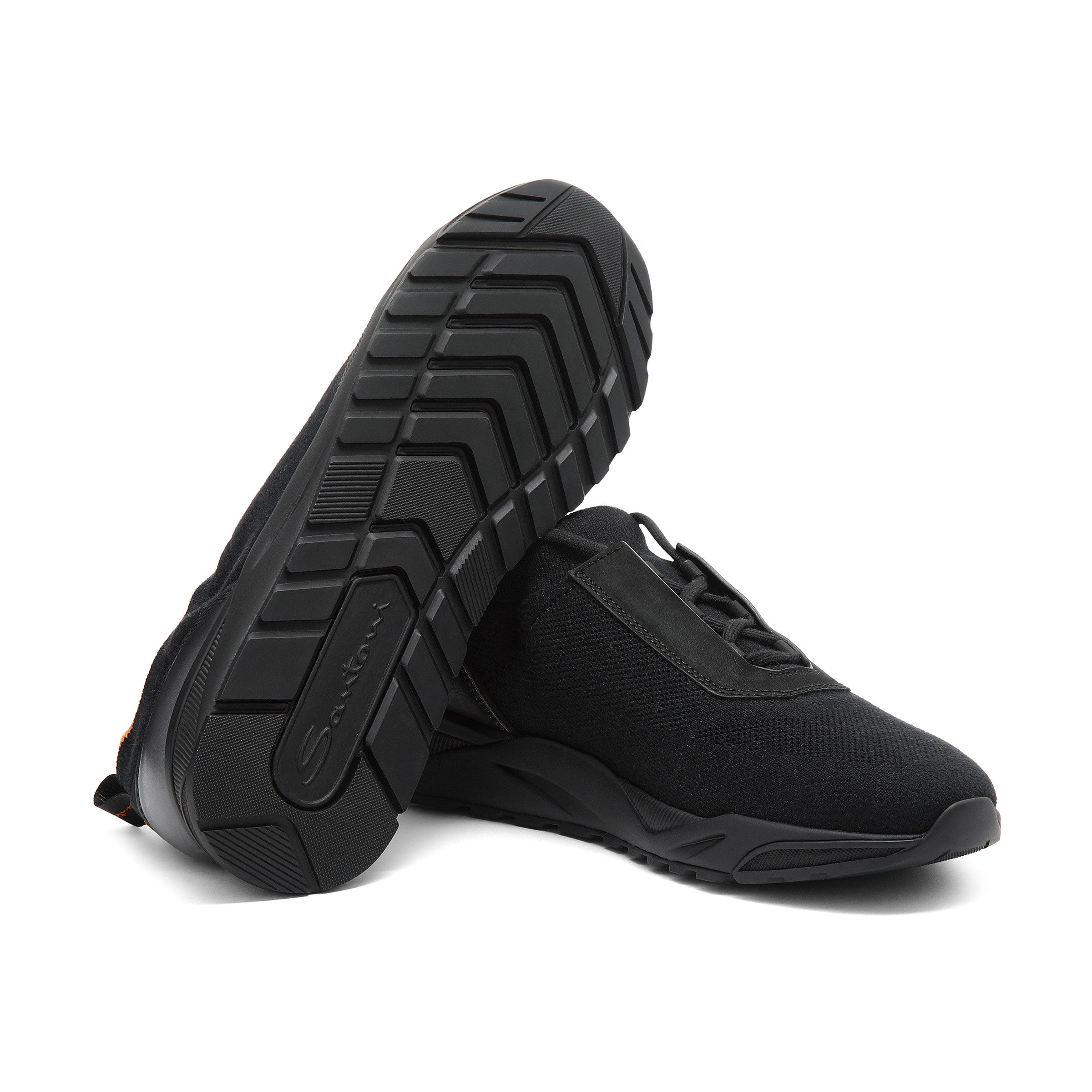 Black Stretch Knit and Leather Sneakers