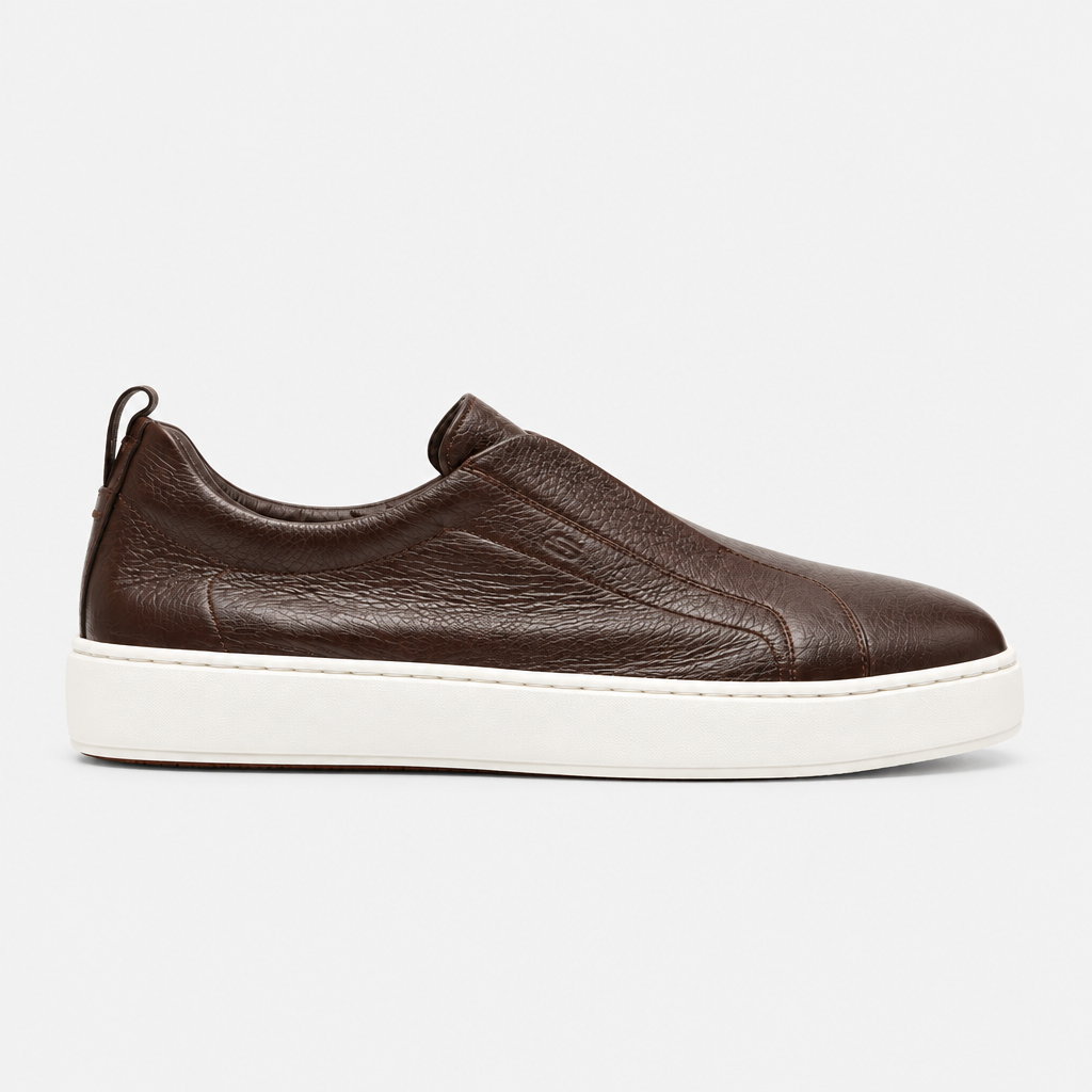 Brown Grained Leather Slip-on Sneakers