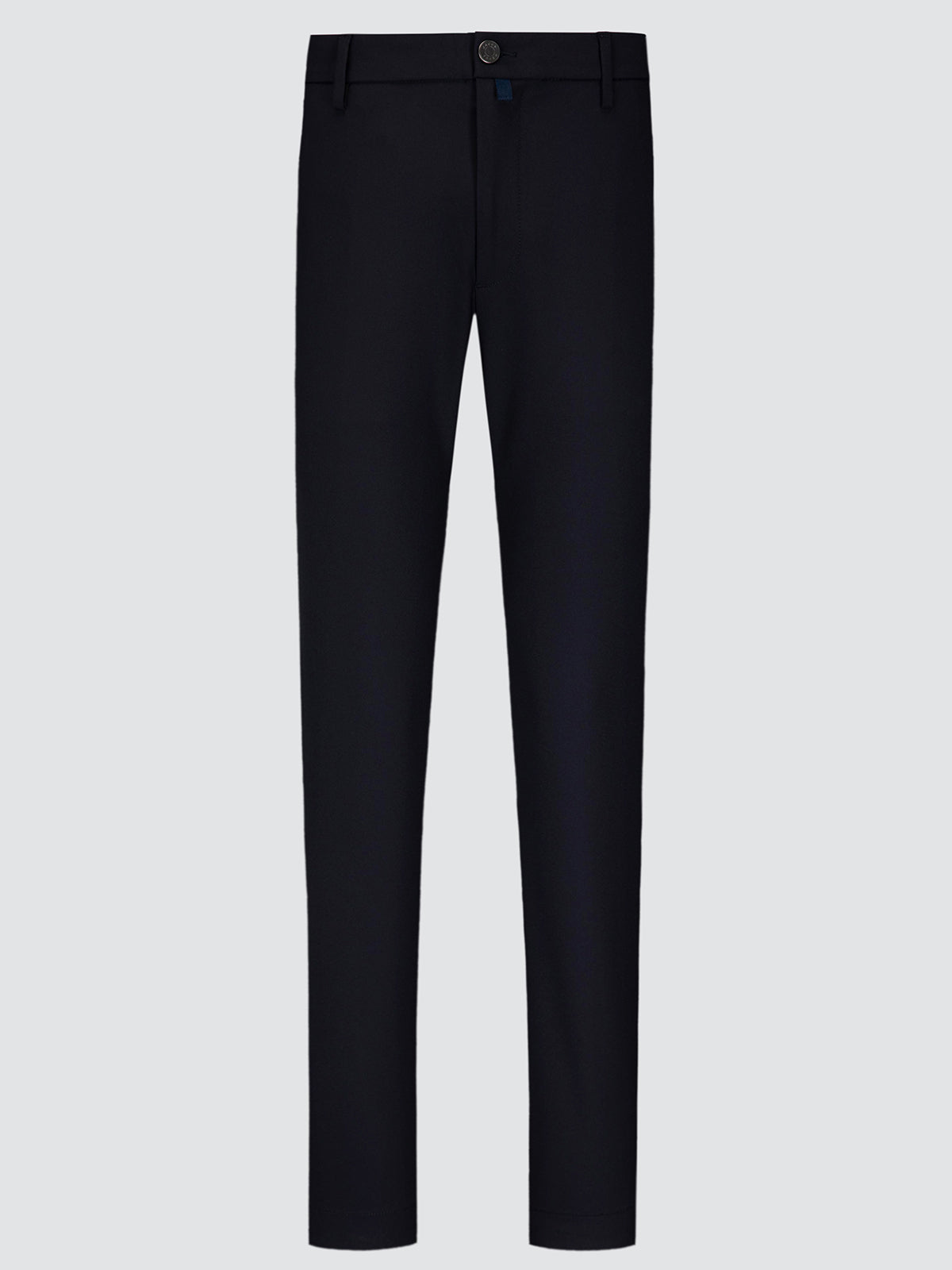 A pair of dark navy blue slim-fit trousers shown flat against a light gray background.microfibre technique
