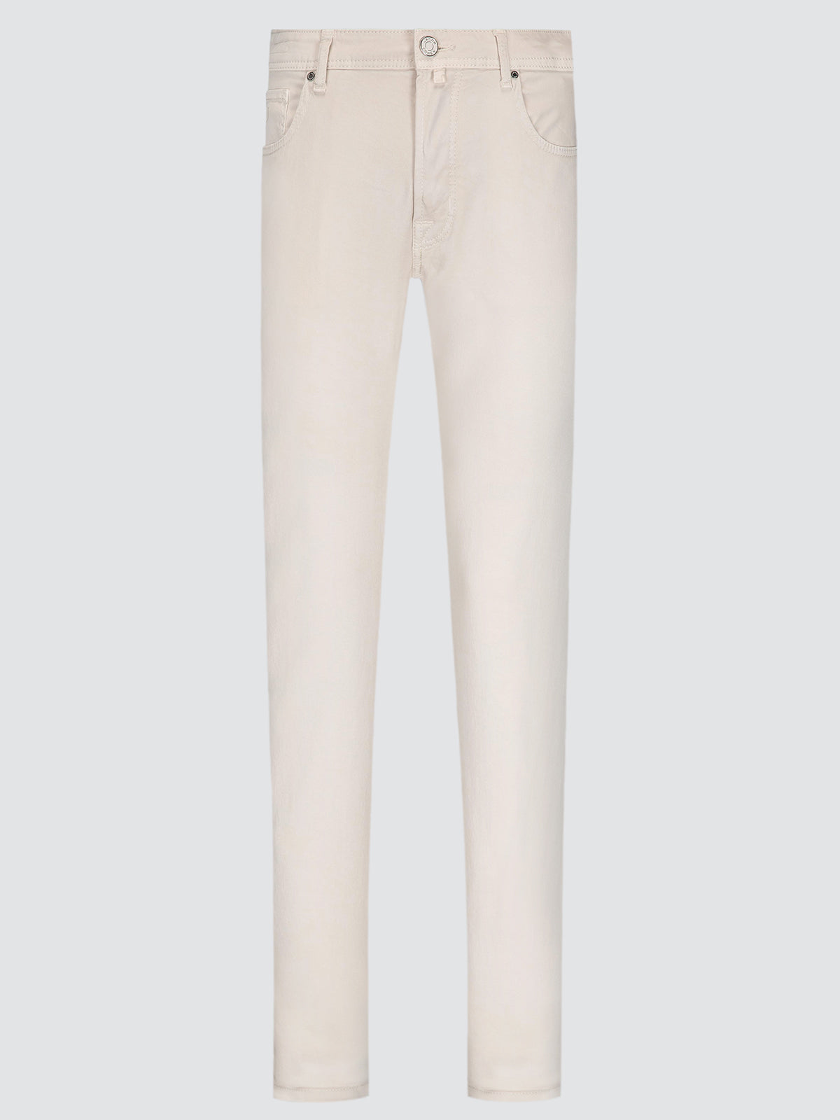A pair of slim-fit jeans in a light cream or off-white color, displayed flat against a solid light gray background.
